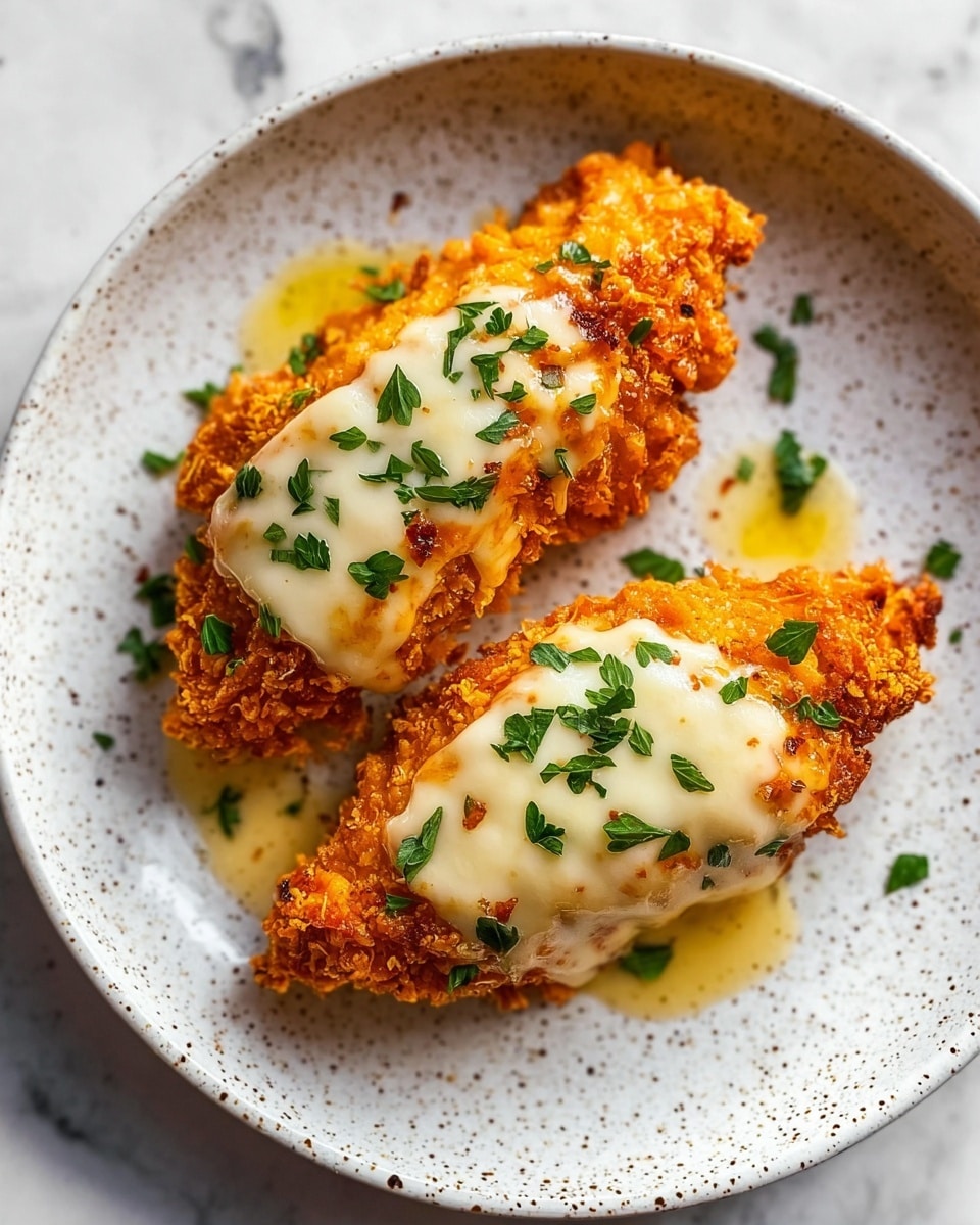 Two pieces of crispy fried chicken are placed side by side on a white speckled plate. Each chicken piece has a golden-orange crunchy coating with a slightly rough texture. On top of both pieces, there is a smooth layer of melted white cheese that drips slightly down the sides. Small bright green herb leaves are sprinkled evenly over the cheese and chicken, adding spots of color. A little shiny yellow oil is visible around the chicken on the plate. The plate rests on a white marbled surface. photo taken with an iphone --ar 4:5 --v 7