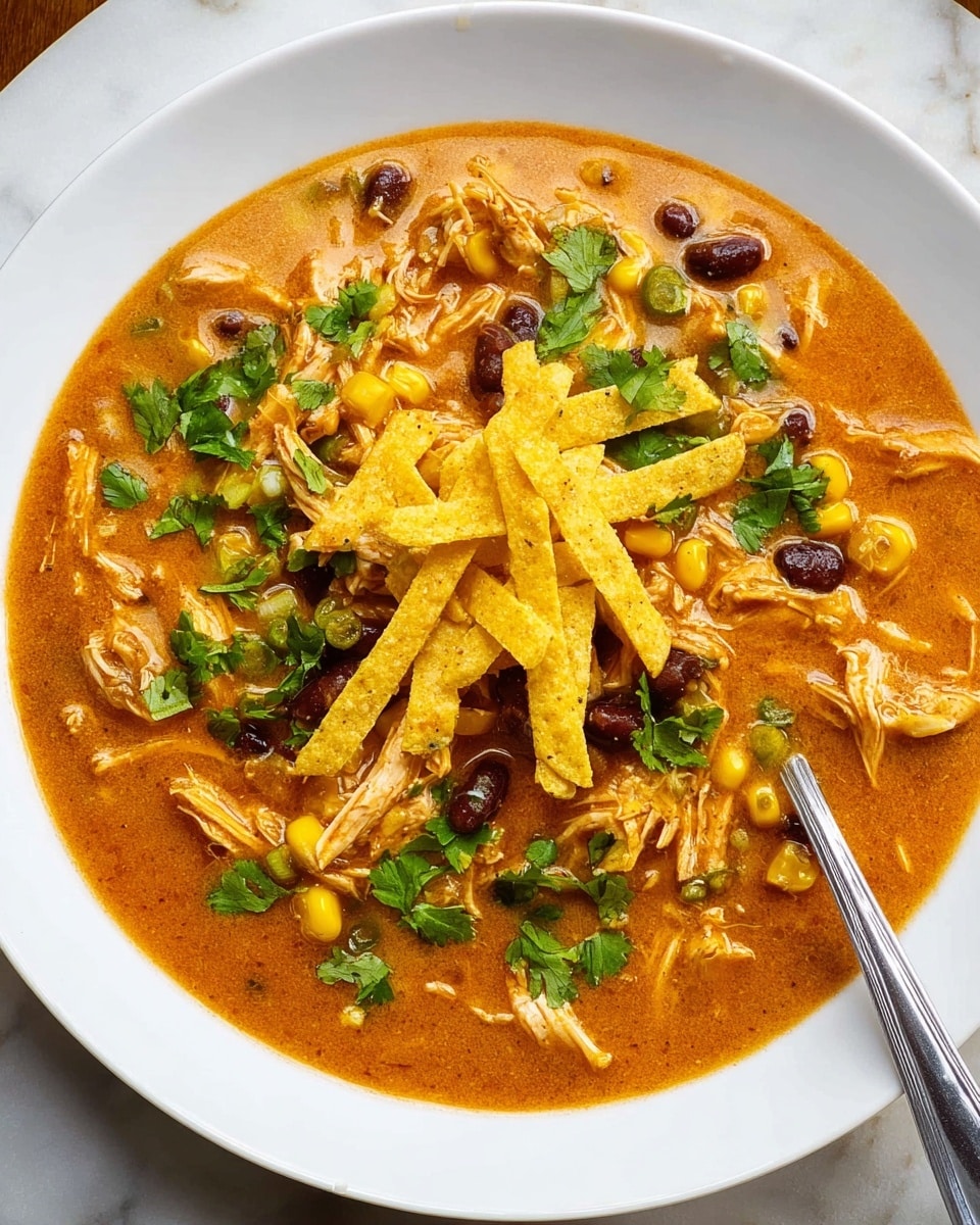 A shallow white plate holds a thick, orange-brown creamy soup filled with shredded chicken, black beans, and corn kernels, giving it a textured and hearty appearance. The soup is garnished with fresh green cilantro leaves scattered across the surface, adding a vibrant green contrast. On top, there is a small pile of crispy yellow tortilla strips arranged neatly in the center. A silver spoon is partially submerged in the soup at the lower right side of the plate. The plate is set on a white marbled surface. photo taken with an iphone --ar 4:5 --v 7