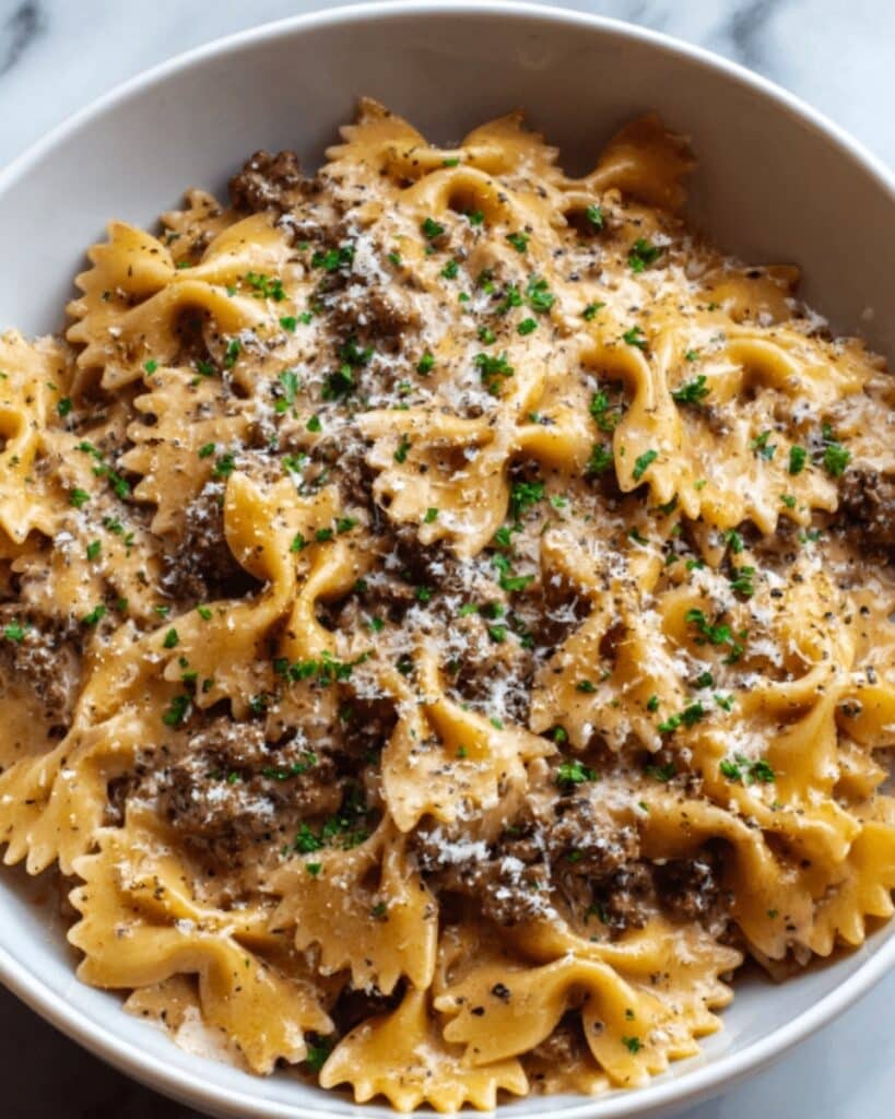Creamy Parmesan Garlic Beef Bowtie Pasta Recipe