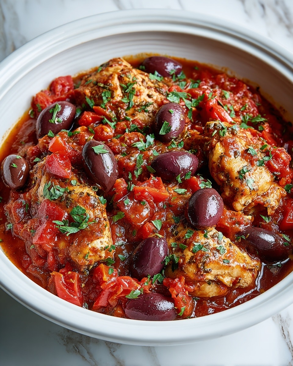 A close-up view of a slow cooker filled with a rich tomato-based stew, featuring six golden-browned chicken pieces partially submerged in a bright red, chunky tomato sauce with visible diced tomatoes and herbs. Scattered throughout the dish are numerous dark purple olives, adding contrast. The stew is garnished with finely chopped fresh green herbs, sprinkled evenly over the chicken and sauce. The inside of the slow cooker is white, sitting on a white marbled surface. photo taken with an iphone --ar 4:5 --v 7