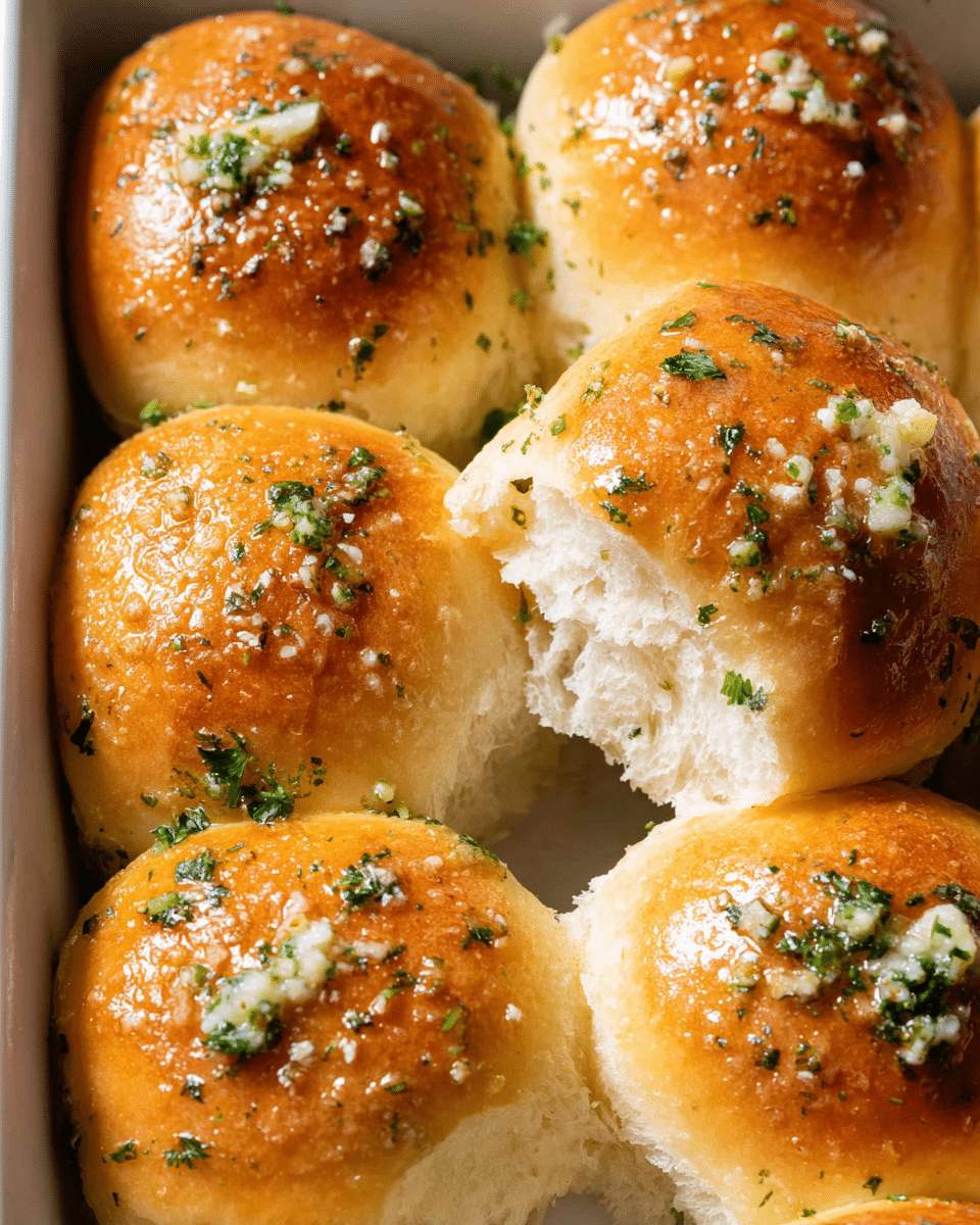The image shows a white dish filled with eight golden brown bread rolls, arranged closely with one roll slightly pulled apart to show its soft, fluffy white interior. Each roll has a shiny, smooth top layer brushed with garlic butter and sprinkled with chopped green herbs and coarse salt, giving a fresh and flavorful look. The rolls have a slightly glossy texture and are touching each other, indicating they were baked together. The background is a white marbled texture. Photo taken with an iphone --ar 4:5 --v 7