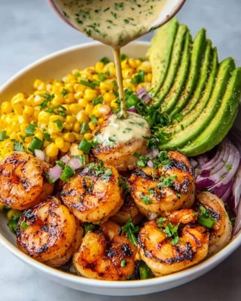 Grilled Shrimp Bowl with Corn Salsa & Creamy Sauce Recipe