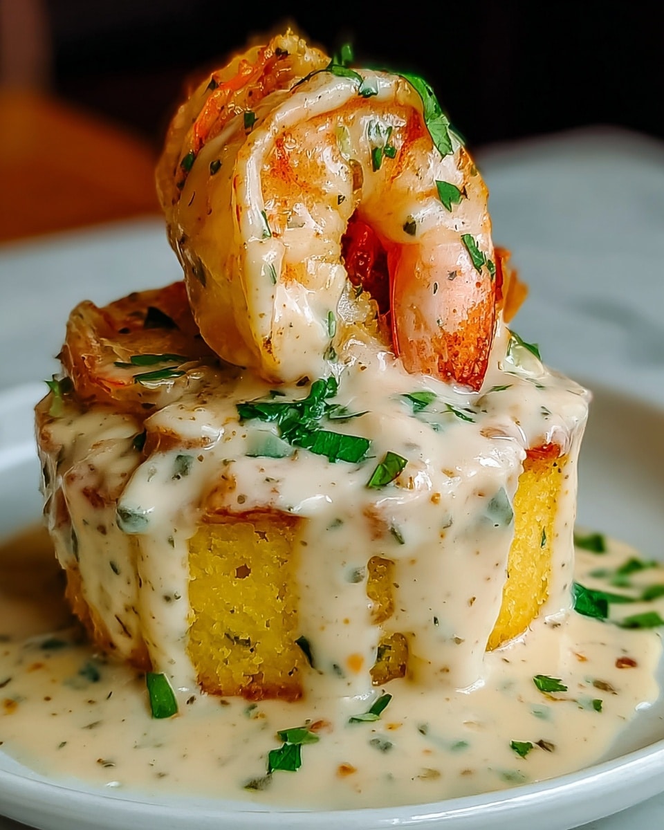 A close-up of a shrimp stacked on top of a round yellow cake like base, both covered in a creamy, light beige sauce with visible specks of seasoning and green herb pieces. The sauce is thick and flowing down the sides, pooling slightly on the white plate below. The shrimp is pinkish-orange with a slight shine, topped with finely chopped green herbs. The dish is placed on a white marbled surface with a dark, blurred background that contrasts with the bright colors of the food. photo taken with an iphone --ar 4:5 --v 7