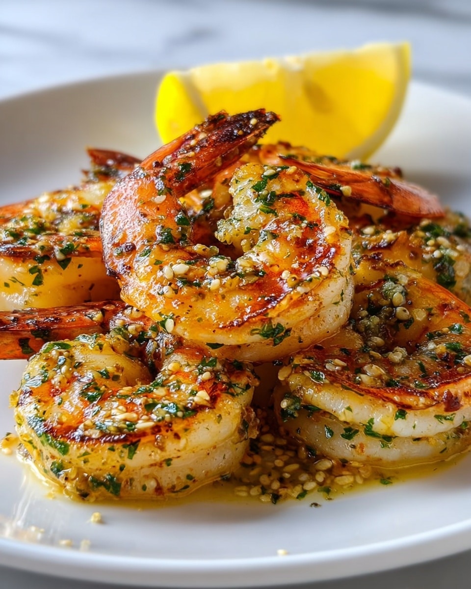 The image shows a white plate with five grilled shrimp arranged close to each other. The shrimp have a golden brown color with reddish-orange tails, and they are coated with a sauce made of garlic, chopped green herbs, and black pepper, giving a speckled texture. Below them is a light creamy sauce that spreads across the plate. At the back of the plate, there is a half lemon slice placed upright, slightly behind the shrimp, adding a yellow bright contrast. The background surface is a white marbled texture. photo taken with an iphone --ar 4:5 --v 7