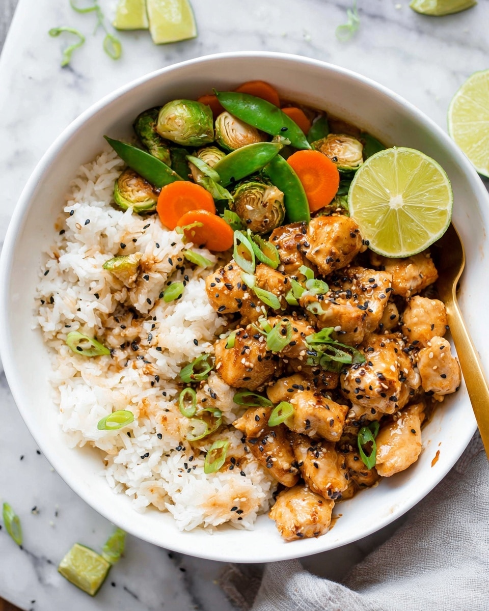 A white bowl filled with three main layers: on the left side, a bed of white steamed rice with small green onion pieces on top; on the right side, golden brown cooked chicken pieces sprinkled with black sesame seeds and chopped green onions; above the chicken, a colorful mix of sautéed vegetables including bright green snap peas, halved and charred yellow-green Brussels sprouts, and thin orange carrot strips, garnished with a halved lime resting on top; a golden spoon is placed inside the bowl, partially submerged in the vegetables. The bowl is set on a white marbled surface with a light gray cloth nearby. photo taken with an iphone --ar 4:5 --v 7