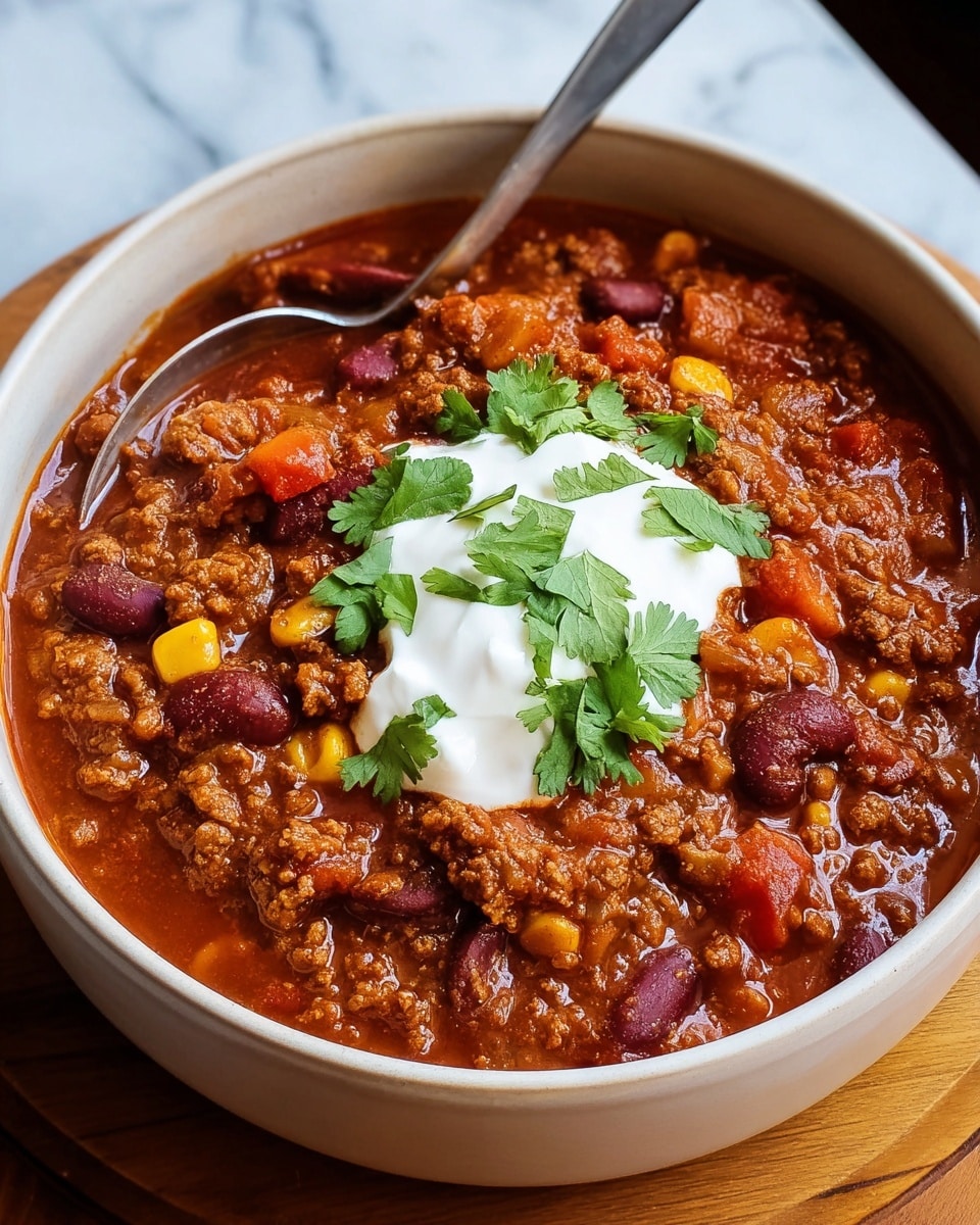 A thick bowl of chili with three main layers is shown. The bottom layer is a rich, chunky mixture of ground meat and beans, a deep red-brown color with small pieces of yellow corn and red kidney beans scattered throughout. On top of this is a dollop of smooth, white sour cream placed in the center. The very top is decorated with fresh green cilantro leaves that add a bright contrast. The bowl holding the chili is white, and the whole scene rests on a white marbled surface, with a spoon visible on the side. Photo taken with an iphone --ar 4:5 --v 7