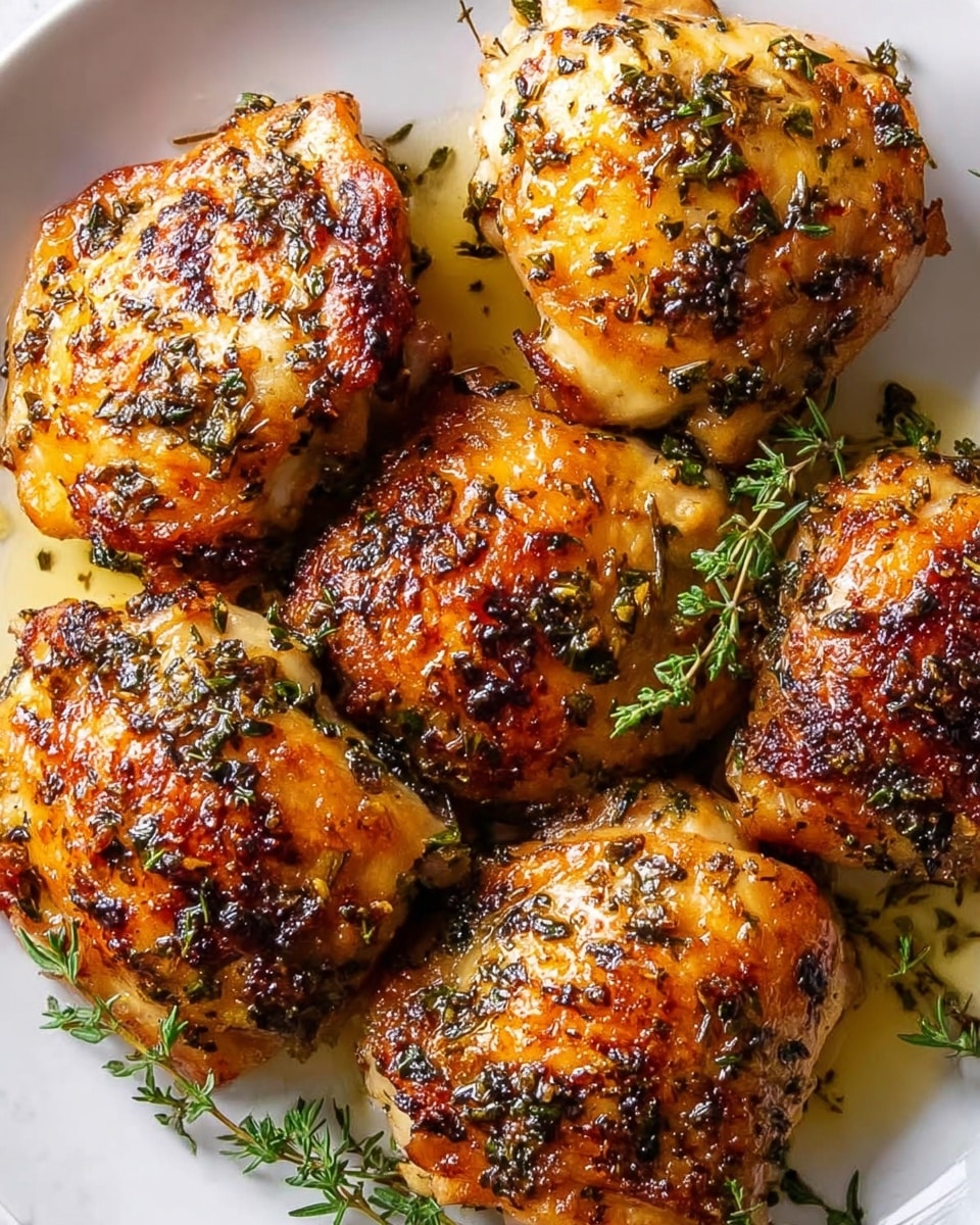 The image shows a close-up of six pieces of roasted chicken thighs on a white plate, arranged tightly together. Each piece has a golden brown, crispy skin with a slightly charred texture, covered with small herbs like thyme and rosemary that add green and dark brown flecks on top. The chicken looks juicy with a light shine from the oil or sauce, pooling slightly around the edges. The plate sits on a white marbled surface, enhancing the warm colors of the roasted chicken. Photo taken with an iphone --ar 4:5 --v 7