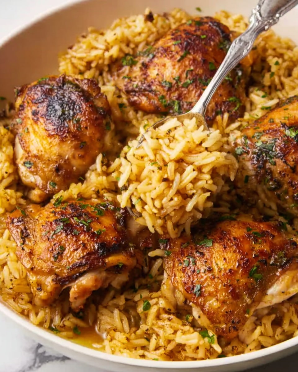 The image shows a close-up of a dish with four browned chicken thighs on top of a bed of golden yellow rice mixed with small bits of herbs. The chicken skin looks crispy with a slight char and is lightly sprinkled with green herbs. The rice grains are separate and cooked, soaking up some juices around the chicken. A silver spoon is lifting some rice and a chicken piece from the white plate. The background is a white marbled texture. photo taken with an iphone --ar 4:5 --v 7