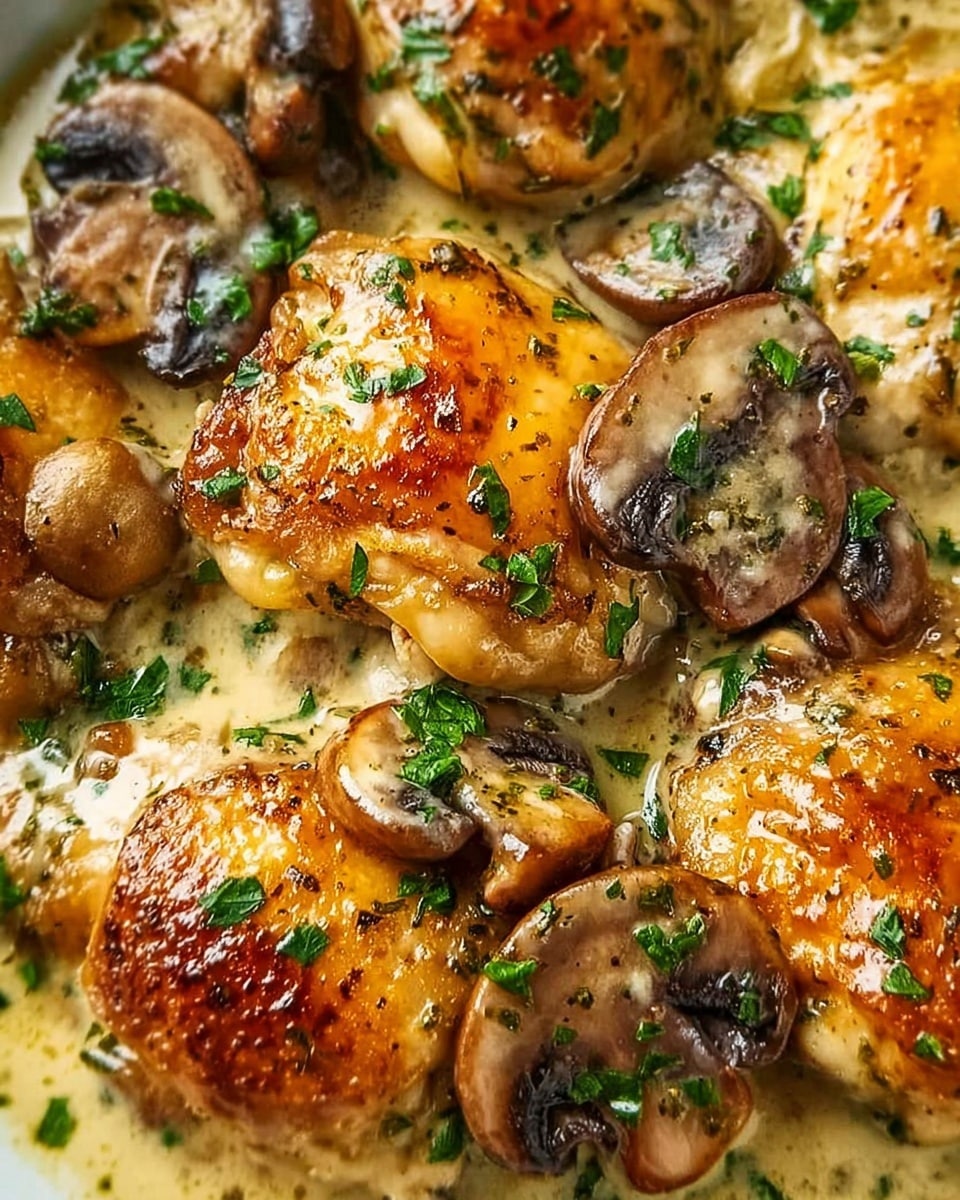 The image shows a close-up of several pieces of golden-brown chicken thighs cooked with a creamy sauce. The chicken pieces have a shiny, slightly crispy skin with a mix of light brown and darker brown colors. Scattered on top and around the chicken are slices of cooked mushrooms, dark brown with a glossy texture. Small green parsley leaves are sprinkled over the chicken and mushrooms, adding a fresh contrast. The dish sits on a white marbled surface, which makes the colors of the food stand out clearly. photo taken with an iphone --ar 4:5 --v 7