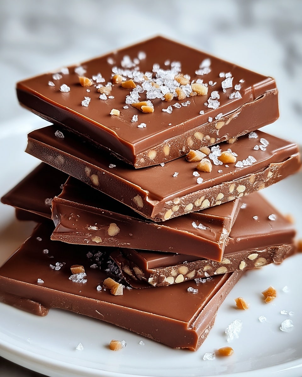 A close-up of four layered pieces of milk chocolate stacked unevenly on a white plate, each piece smooth and glossy with a rich brown color. Small crunchy nut bits and a sprinkling of coarse sea salt are scattered on and around the top layer, adding texture and contrast. The edges of the chocolate are sharp and clean, with some visible nut pieces embedded inside the chocolate blocks. The background is a white marbled texture. photo taken with an iphone --ar 4:5 --v 7
