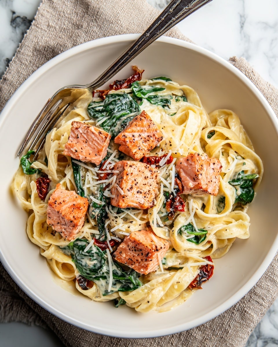 A white bowl filled with creamy fettuccine pasta layered with bright green spinach leaves and bits of dark red sun-dried tomatoes. On top, there are six pieces of pinkish-orange seared salmon cubes sprinkled with black pepper. Shredded white cheese is scattered lightly over the pasta and salmon. A silver fork rests on the edge of the bowl, all placed on a beige cloth on a white marbled surface. photo taken with an iphone --ar 4:5 --v 7