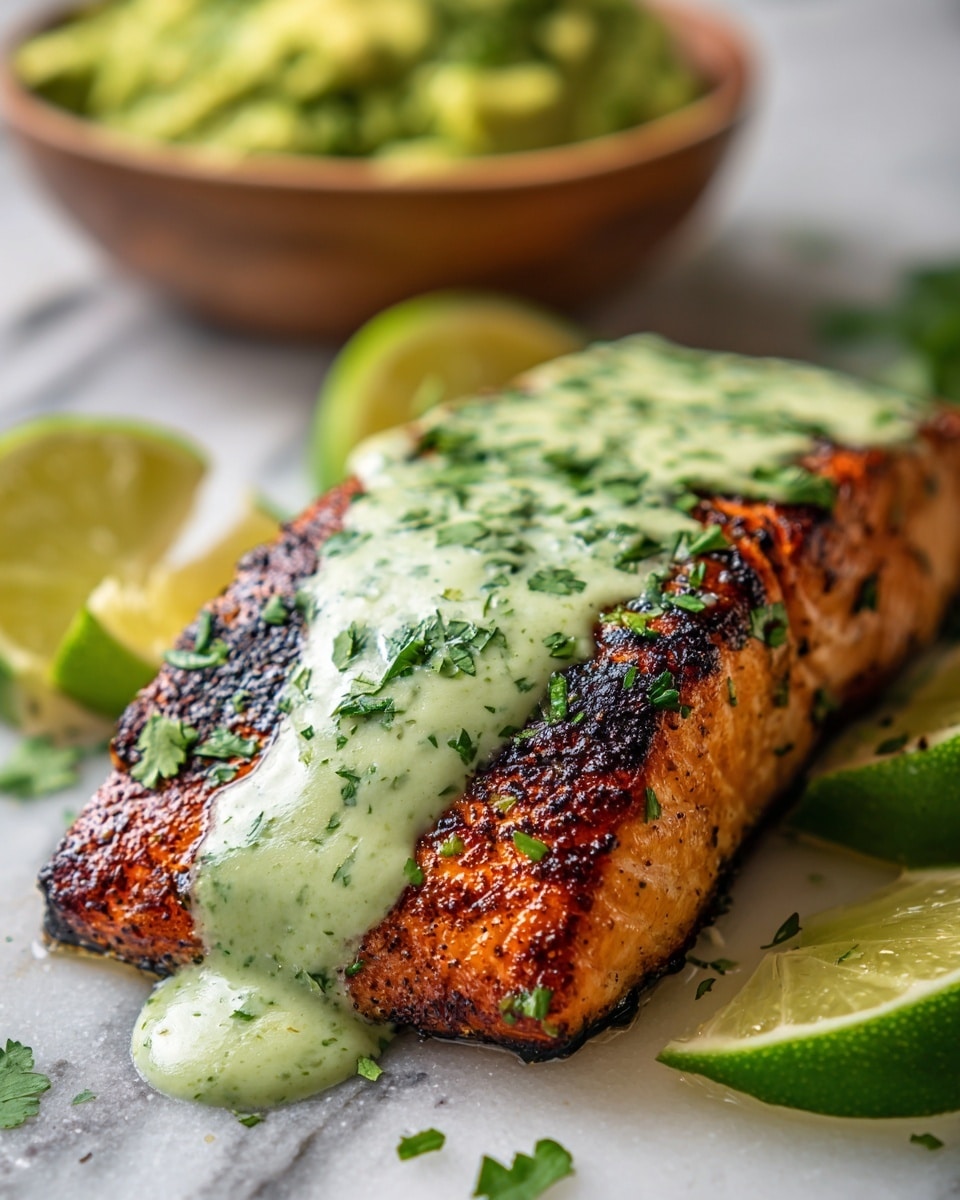 A grilled salmon fillet with a crispy dark reddish-brown seasoned crust lies on a white marbled surface. It is topped with a creamy light green sauce with specks of herbs and sprinkled with fresh chopped parsley. Around the salmon are lime wedges with bright green skin and pale lime interiors, and halved avocados with dark green outer skin and light green fleshy inside. There is a small white bowl of mashed avocado blurred in the background. photo taken with an iphone --ar 4:5 --v 7