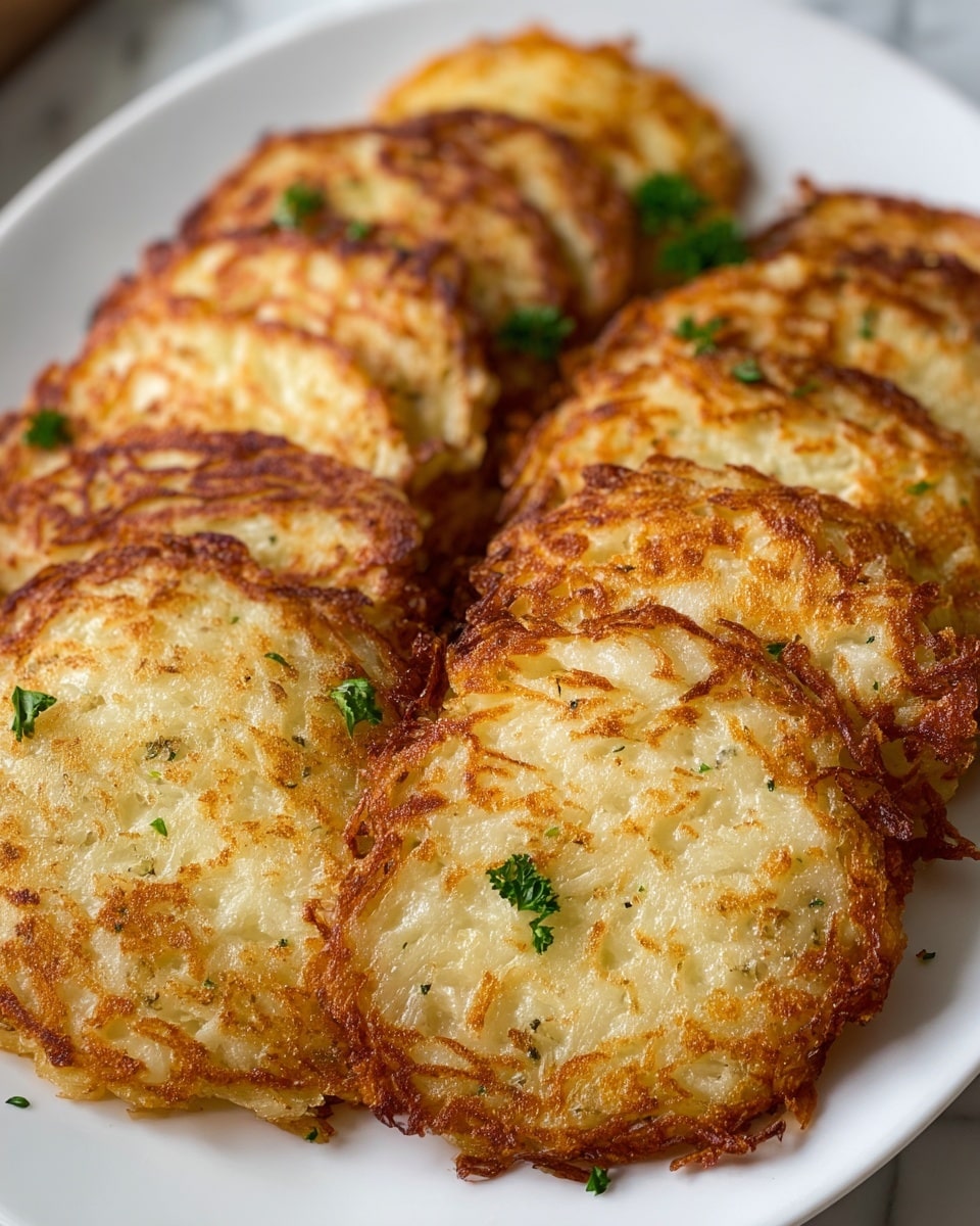 The image shows about fourteen golden brown potato pancakes arranged neatly in a single layer on a white plate. Each pancake is round with crispy, uneven edges, and a slightly bubbly texture, showing a mix of lighter yellow and deeper amber spots from frying. Small specks of black pepper and bits of green herbs are visible in the pancakes, adding texture and color. The pancakes are stacked close together, almost overlapping, and the plate sits on a white marbled surface. photo taken with an iphone --ar 4:5 --v 7
