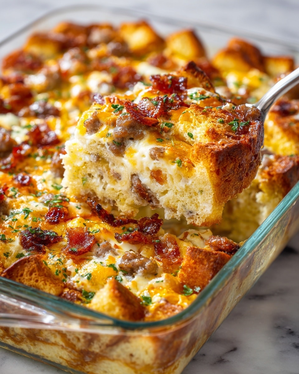 A close-up view of a baked breakfast casserole in a clear glass dish, showing about three layers: the bottom layer has golden brown toasted bread cubes, the middle layer is creamy and light yellow with a soft, fluffy texture likely from eggs and cheese, and the top layer is scattered with browned cooked sausage pieces and crispy bacon bits, sprinkled with green herbs for color. A spoon lifts a thick, textured scoop from the dish, highlighting the mix of bread, egg, and meat. The dish sits on a white marbled textured surface. Photo taken with an iphone --ar 4:5 --v 7
