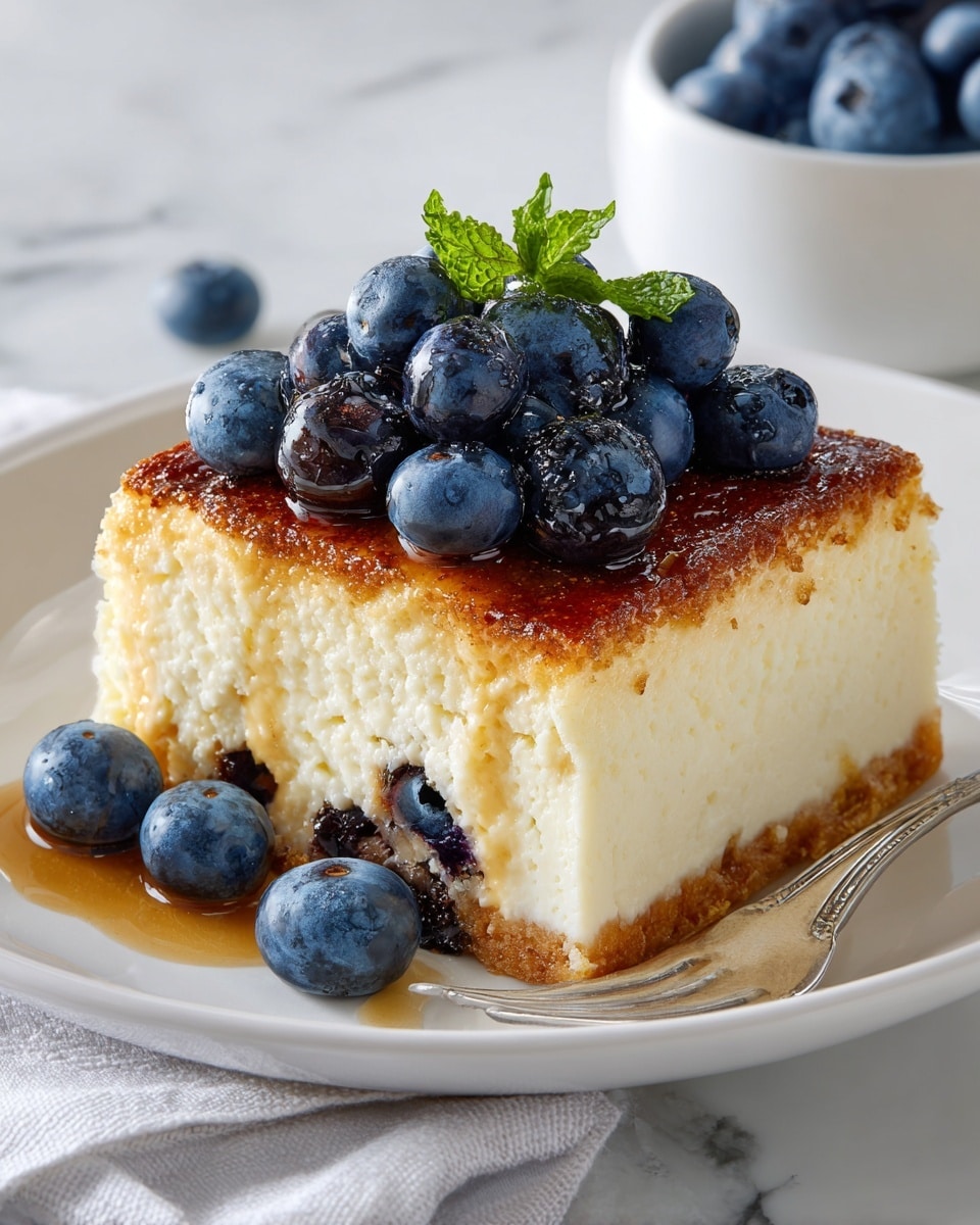 A square piece of creamy white cheesecake with a golden-brown top layer that looks slightly caramelized and shiny, topped with a cluster of shiny fresh blueberries. Inside the cheesecake, there are visible blueberries embedded within the smooth, dense, and moist texture. The cheesecake is placed on a white plate with a silver fork resting beside it, all set on a white marbled surface. photo taken with an iphone --ar 4:5 --v 7
