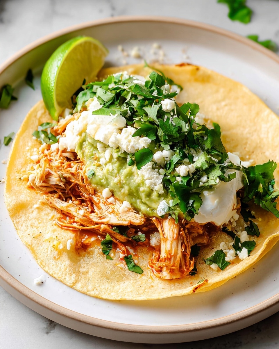 A soft, folded pale yellow corn tortilla holds tender shredded chicken with a warm, reddish-brown color at the bottom, topped with a light green layer of guacamole, creamy white sour cream, and fresh dark green cilantro leaves scattered on top. A thin slice of lime rests on the left side inside the tortilla, and some crumbly white cheese is sprinkled over the ingredients. The taco sits on a simple white plate, placed on a white marbled textured surface. Photo taken with an iphone --ar 4:5 --v 7