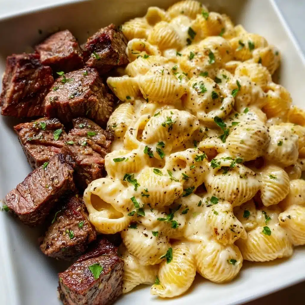 Steak Bites and Shell Pasta in Garlic Butter Alfredo Sauce Recipe - Recipe Image