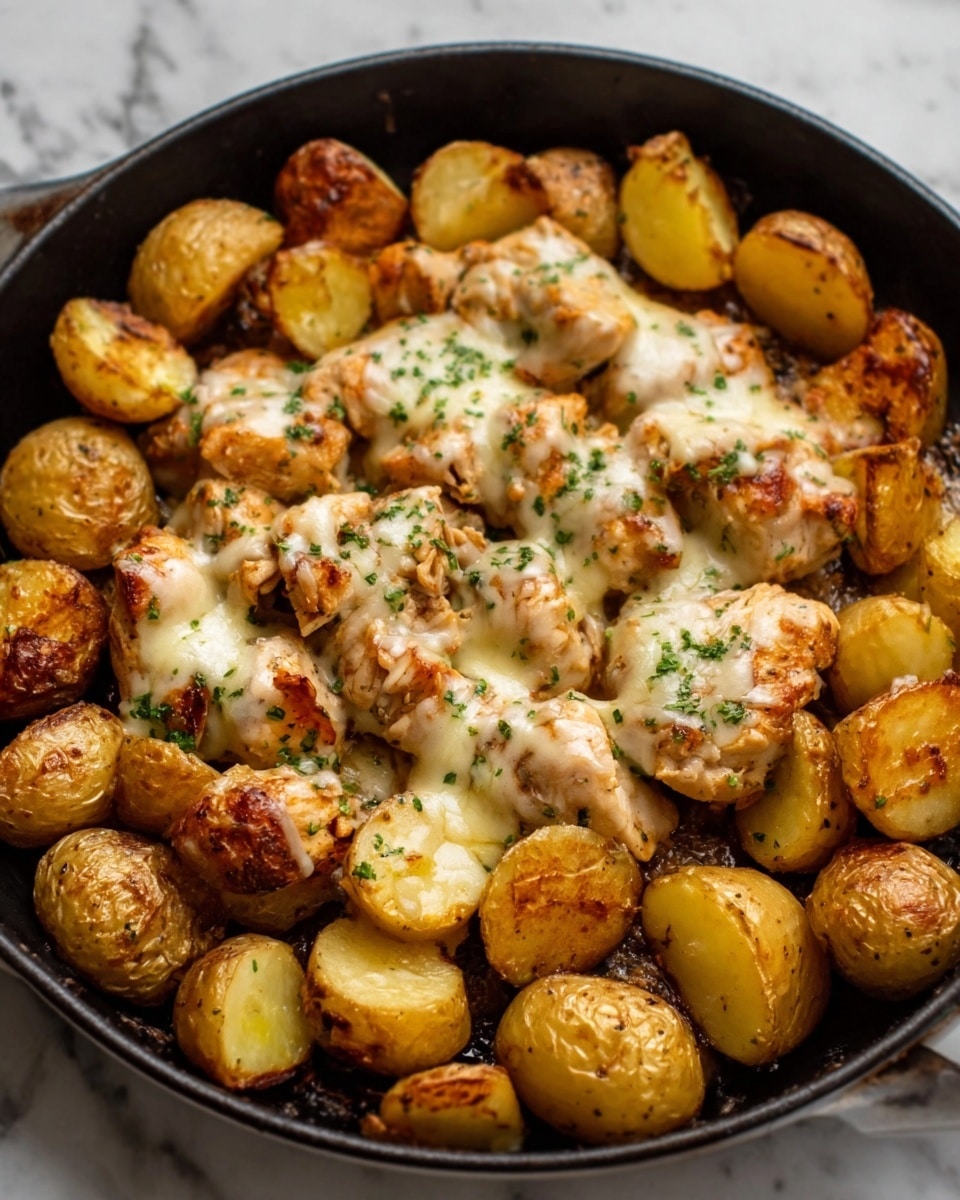The image shows a black skillet filled with roasted potatoes and chicken pieces. The potatoes are golden brown with a crispy texture and are scattered around the outer edge of the skillet. The chicken pieces are in the middle, cooked to a light golden color and covered with melted cheese and small green herb sprinkles on top. The dish looks warm and appetizing with slight browning from roasting on both potatoes and chicken. The skillet is set on a white marbled surface. photo taken with an iphone --ar 4:5 --v 7