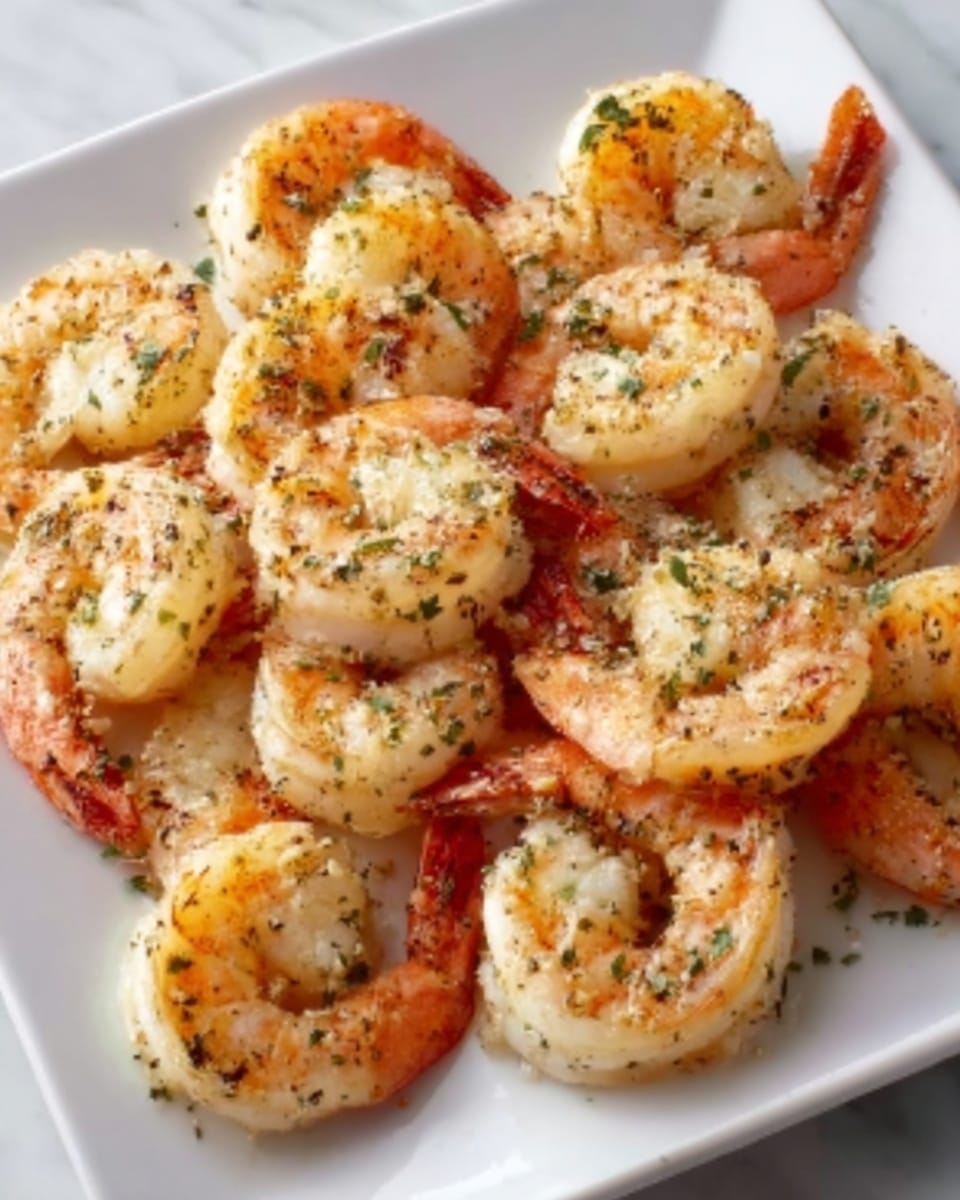 The image shows a white square plate filled with a single layer of cooked shrimp arranged closely together. The shrimp are golden-orange with a slight shine, sprinkled with small green herbs and black pepper flakes. Each shrimp has a curled shape with a textured surface from the cooking, showing some light charred spots. The plate sits on a white marbled background, enhancing the warm colors of the shrimp. The shrimp look juicy and well-seasoned, ready to eat. photo taken with an iphone --ar 4:5 --v 7