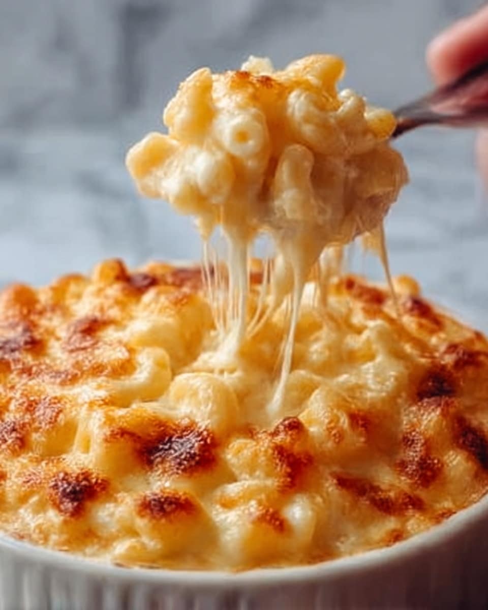 A close-up view of creamy macaroni and cheese in a white bowl, showing a layer of melted, golden-brown cheese on top with bubbly, stretchy cheese being lifted by a woman's hand. The pasta beneath is coated in smooth, rich cheese sauce, with small browned spots on the surface adding texture. The macaroni is curved and tubular, evenly mixed with the thick, gooey cheese that pulls in long strings from the bowl. The background shows a white marbled texture. photo taken with an iphone --ar 4:5 --v 7