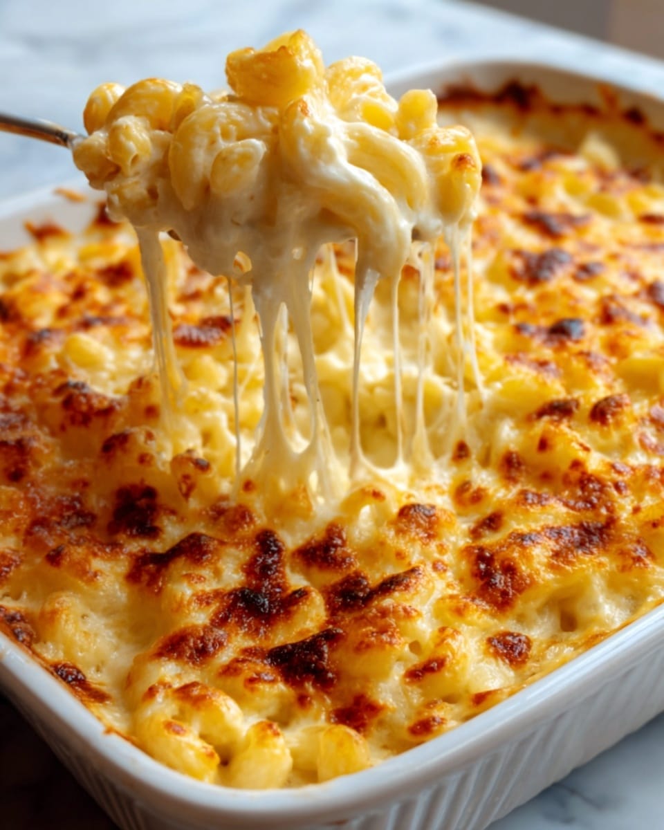 A white rectangular baking dish filled with creamy macaroni and cheese with a golden brown, slightly crispy top layer of melted cheese. The middle layer shows soft, gooey, stretchy cheese pulling away from a portion being lifted, with pale yellow pasta noodles underneath. The texture contrasts between the smooth melted cheese on top and the soft pasta below. A woman's hand is gently lifting the cheesy portion with a utensil. The dish sits on a white marbled surface. Photo taken with an iphone --ar 4:5 --v 7