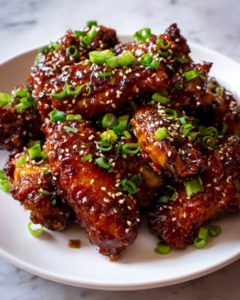 A white plate holds several pieces of glazed chicken wings, showing a shiny dark brown sauce coating each piece. The wings are sprinkled with white sesame seeds and chopped green onions, adding contrast and freshness. The glossy sauce looks thick and sticky, evenly covering the wings and pooling slightly on the plate. The background surface is a white marbled texture. photo taken with an iphone --ar 4:5 --v 7