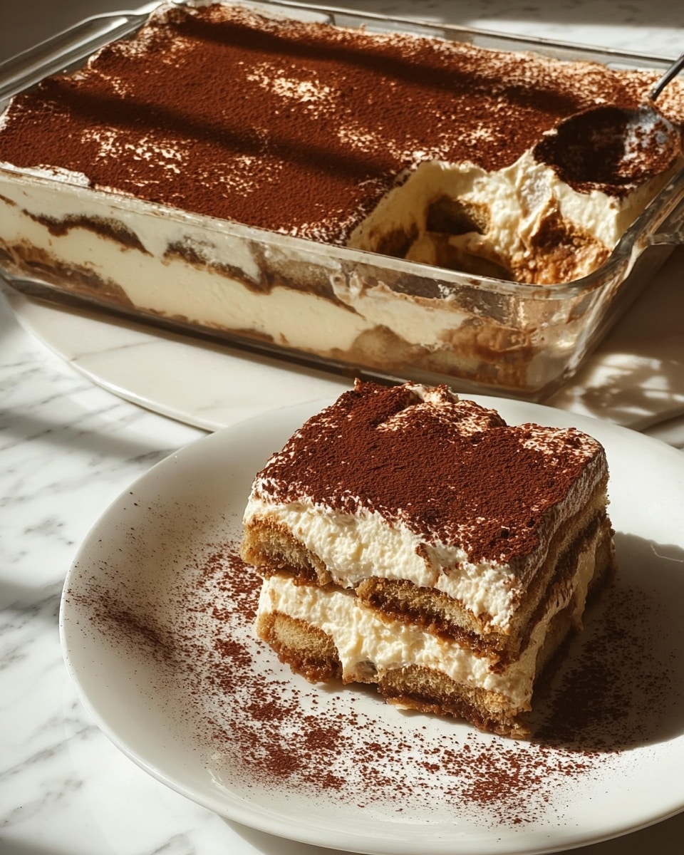 A glass rectangular dish holds a layered tiramisu, showing three visible layers: a dark brown coffee-soaked cake base, a thick middle layer of creamy pale beige mascarpone, topped with a generous spread of the same cream, all dusted evenly with fine dark brown cocoa powder. In front of the dish, a white round plate carries one slice of tiramisu, cut neatly to reveal the same three layers with the creamy middle and top layers blending softly into the cake base, surrounded by a gentle scattering of cocoa powder on the plate’s surface, all placed on a white marbled texture background. Photo taken with an iphone --ar 4:5 --v 7
