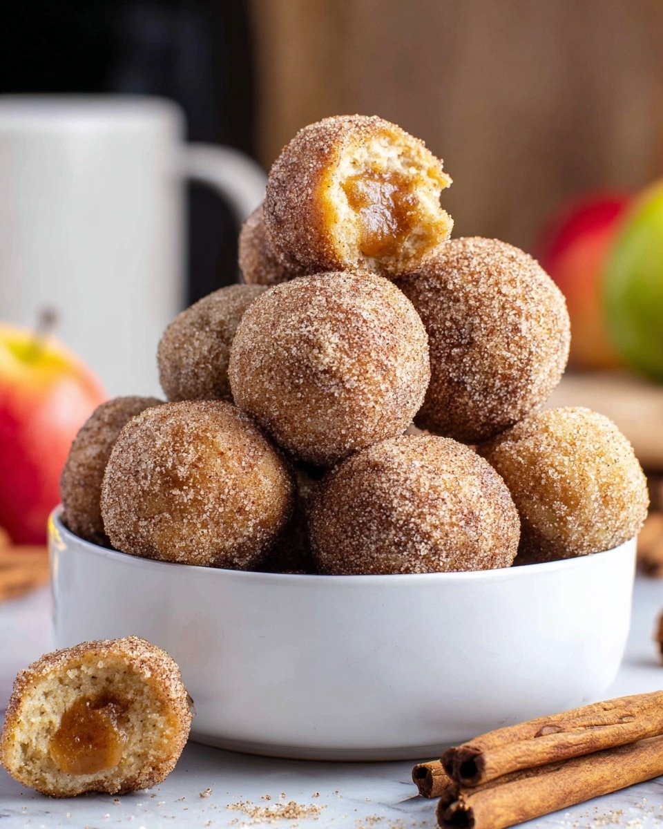 A white bowl is filled with a stack of round doughnut holes, each coated in cinnamon sugar giving them a rough, sandy tan texture. The doughnut holes are piled in about three uneven layers, with some resting on the rim of the bowl and a few scattered around the bowl on a white marbled surface. One doughnut hole is broken open to show a soft, golden filling inside. Around the bowl, a few cinnamon sticks are placed, adding a warm brown contrast. In the blurred background, there are some apples and a neutral light setting. photo taken with an iphone --ar 4:5 --v 7