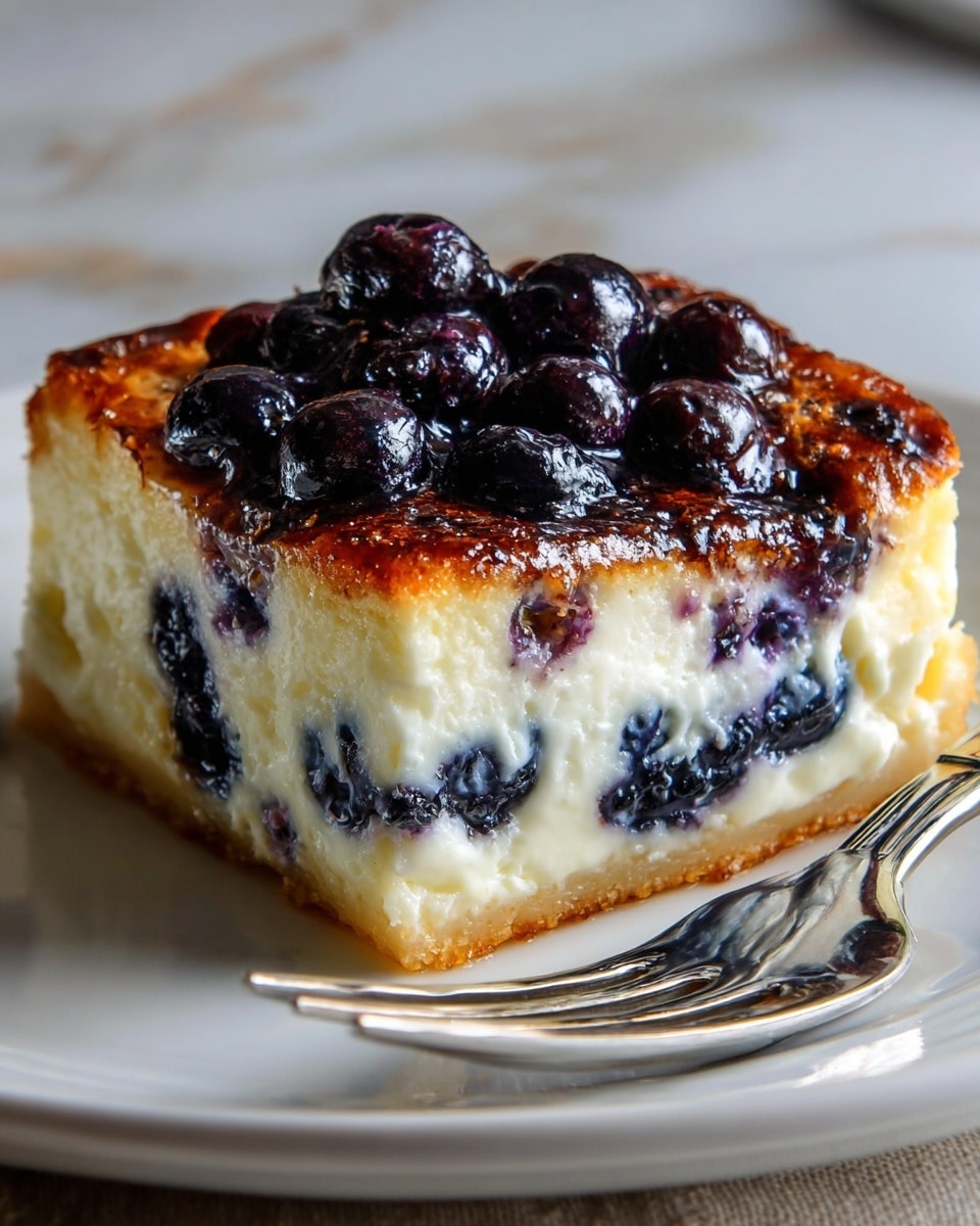 A close-up of a square slice of baked cheesecake with a golden brown caramelized top layer, topped with shiny fresh blueberries, sitting on a white plate. The cake has two visible layers: a thick creamy white cheesecake layer with embedded blueberries near the bottom, and a thin caramelized, slightly crispy top layer. The blueberries on top are glossy and dark blue, while those inside give a burst of purple color in the creamy layer. A silver fork rests on the edge of the plate, all set against a white marbled surface. photo taken with an iphone --ar 4:5 --v 7