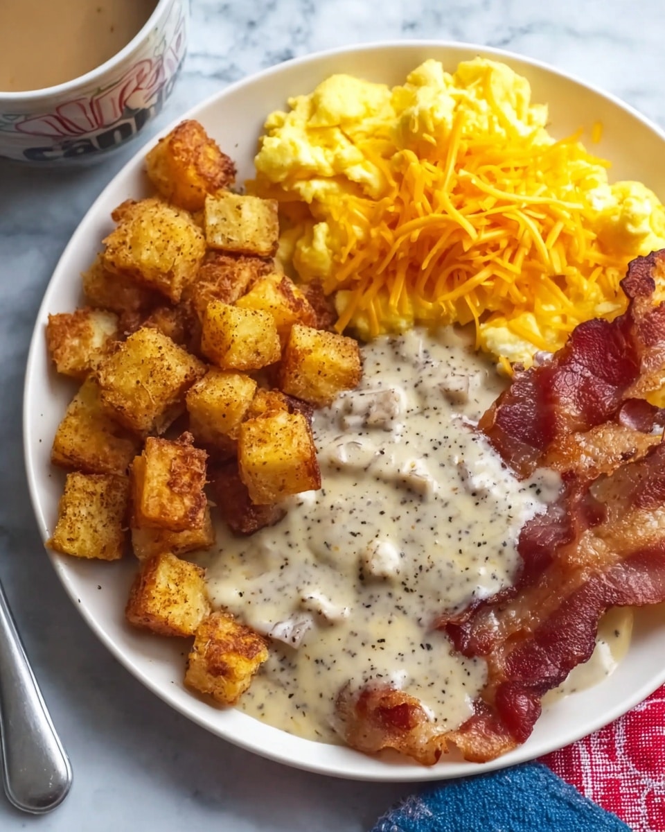 A white plate holds a breakfast dish with four distinct sections. On the left, there are golden-brown, square croutons stacked casually. Next to the croutons, thick crispy bacon slices are partly covered by a thick layer of white gravy dotted with black pepper. To the right of the bacon and gravy, fluffy scrambled eggs occupy the plate, topped with shredded orange cheddar cheese for texture and color contrast. Everything is set on a white marbled surface, creating a clean and bright background. Photo taken with an iphone --ar 4:5 --v 7