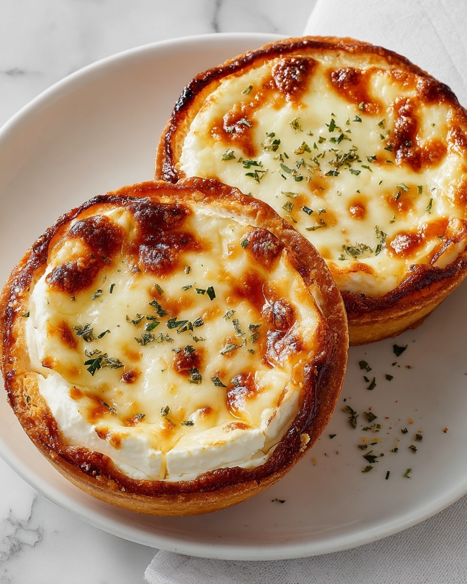Two round, golden-brown cheese tarts sit side by side on a white plate, each with three visible layers: a thin, crispy light brown crust at the bottom, a thick middle layer of white, crumbly cheese, and a top layer of melted, glossy cheese with browned spots and a slightly bubbly texture. Small green herb pieces are sprinkled on the top, adding a pop of color. The plate is on a white marbled surface, creating a clean and elegant setting. photo taken with an iphone --ar 4:5 --v 7