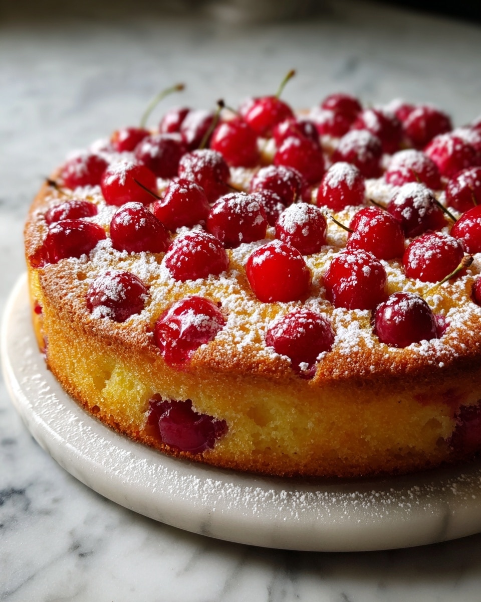 A round berry cake with one visible layer sits on a clear textured plate, resting on a white marbled surface. The top layer is golden brown with a soft, moist texture and is dotted with deep red and dark purple berries evenly spread throughout. A light dusting of powdered sugar covers the top, adding a delicate white contrast against the berries and cake. The edges are slightly browned and have a crisp texture. Photo taken with an iphone --ar 4:5 --v 7