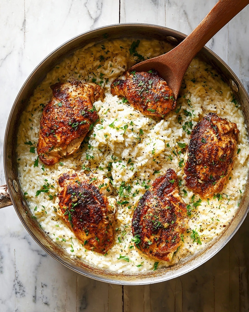 A large pan shows a creamy white rice base with a smooth, thick texture mixed with small herbs and black pepper flakes. On top, there are four grilled chicken breasts, arranged unevenly, each with a crispy, golden-brown layer and some darker charred spots, giving a textured and juicy look. Fresh green chopped herbs are sprinkled over the chicken and rice, adding a pop of color. A wooden spoon scoops up some rice from the left side of the pan, showing the creamy consistency up close. The surface under the pan is a white marbled texture. photo taken with an iphone --ar 4:5 --v 7