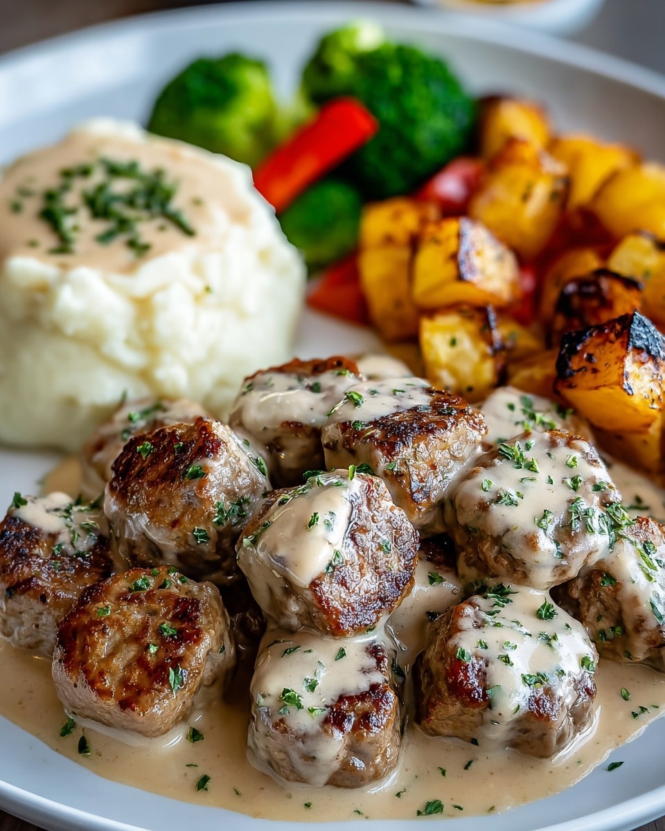 The dish shows several small, thick pieces of seared meat with a dark brown, crispy outside layer, coated in a creamy light beige sauce with green herb bits sprinkled on top. These pieces are piled in the front center of a white plate. Behind the meat, on the left side, there is a smooth mound of white mashed potatoes topped with chopped green herbs and a light drizzle of brown gravy. On the far right and back of the plate, there are roasted cubes of golden brown potatoes and some bright green broccoli, both appearing slightly glazed. The whole plate rests on a white marbled surface. photo taken with an iphone --ar 4:5 --v 7
