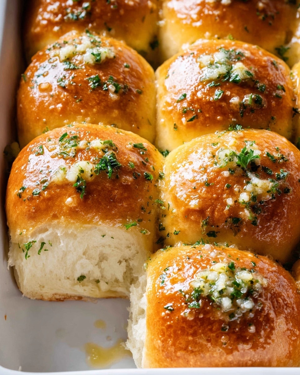 A close-up view of six golden brown garlic bread rolls in a white baking dish, arranged in two rows with one roll pulled apart showing its soft, fluffy white inside. Each roll has a smooth, shiny top with a golden glaze, sprinkled evenly with small bits of green herbs and coarse salt. The tops also show tiny pieces of garlic and a few scattered leaves of chopped parsley, adding texture. The white marbled surface of the dish contrasts with the warm tones of the rolls. photo taken with an iphone --ar 4:5 --v 7