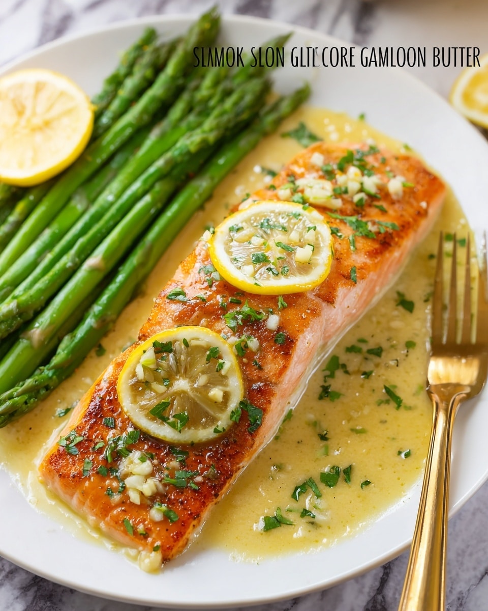The dish shows a white plate with a golden-brown cooked salmon fillet as the main focus. The salmon is topped with two small lemon wedges, one near the middle and another near the thinner end, and sprinkled with finely chopped green herbs and small bits of garlic. The filet rests in a thin creamy pale yellow garlic lemon butter sauce that spreads under and around it. To the right of the salmon, there is a neat row of bright green steamed asparagus spears. A gold fork is placed to the left side of the plate on a white marbled surface, adding a touch of elegance. The salmon’s texture appears crispy on top with a juicy, tender inside. photo taken with an iphone --ar 4:5 --v 7