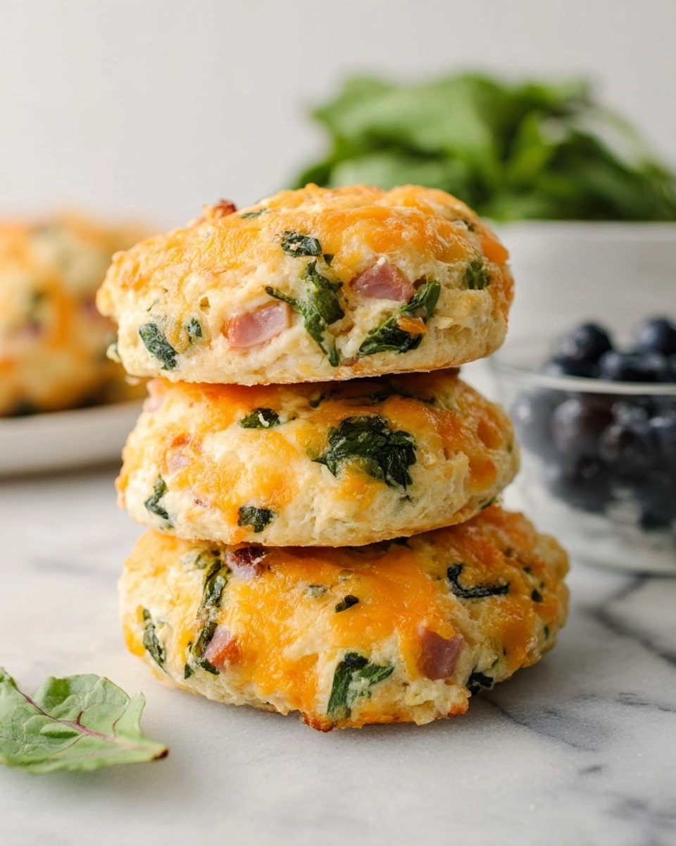 A stack of three small thick biscuits is centered on a white marbled surface, each biscuit showing visible chunks of orange cheese and bits of green leafy herbs mixed into the golden-baked dough, with small pieces of pink ham scattered throughout; in the background, slightly out of focus, a white bowl with green leafy vegetables and a clear glass bowl with blueberries appear, adding depth to the scene. photo taken with an iphone --ar 4:5 --v 7