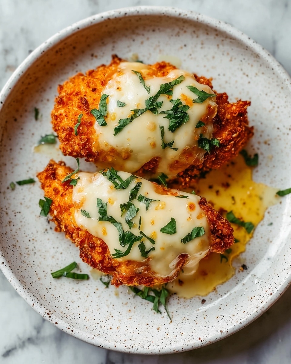 Two pieces of golden brown fried chicken are placed side by side on a white speckled plate with a worn rim detail. Each chicken piece is thickly coated with crispy, crunchy breading, topped with melted, creamy white cheese that drapes over the surface, slightly browned in spots. Small green parsley leaves are sprinkled generously over the cheese and chicken, adding a fresh contrast. Tiny drops of oil glisten around the chicken on the plate. The plate sits on a white marbled textured surface. photo taken with an iphone --ar 4:5 --v 7