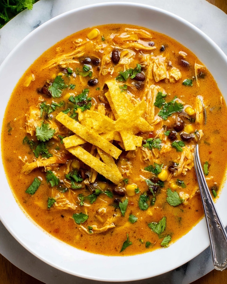 A white plate filled with a thick, creamy orange stew that has visible shredded chicken, corn kernels, black beans, and small pieces of green peppers mixed in. The stew has a chunky texture with a slightly glossy surface. On top, there are several long, thin, crispy yellow tortilla strips arranged in a small pile. Bright green cilantro leaves are scattered across the stew, adding contrast to the warm colors. A shiny silver spoon is partially submerged in the right side of the stew. The plate is set against a white marbled texture surface. photo taken with an iphone --ar 4:5 --v 7