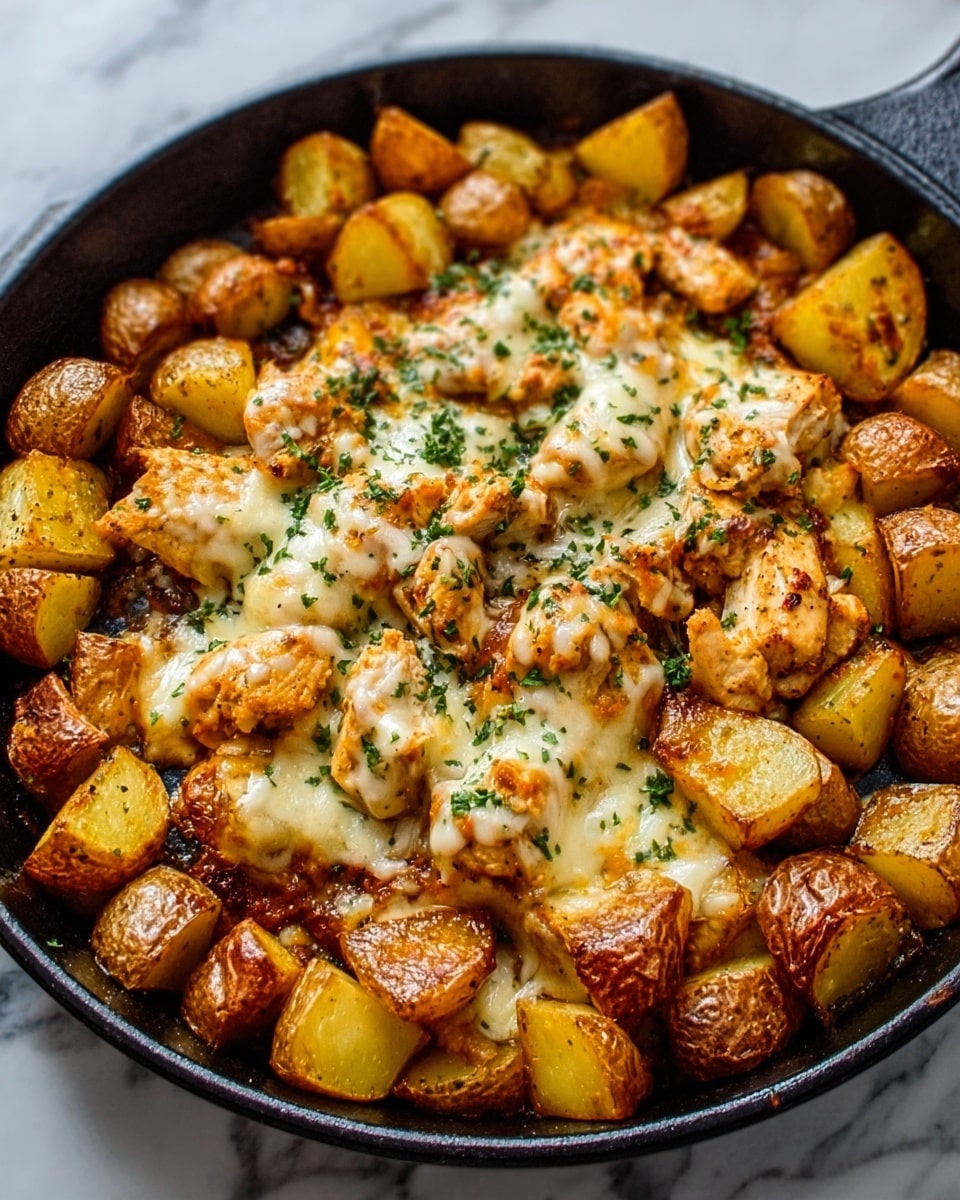 The image shows a black pan filled with small round golden-brown roasted potatoes as the base layer. On top, there are chunks of browned meat covered with melted white cheese that looks creamy and slightly browned in parts. Bits of green herbs are sprinkled lightly over the dish, adding a touch of color. The dish sits on a white marbled textured surface. Photo taken with an iphone --ar 4:5 --v 7