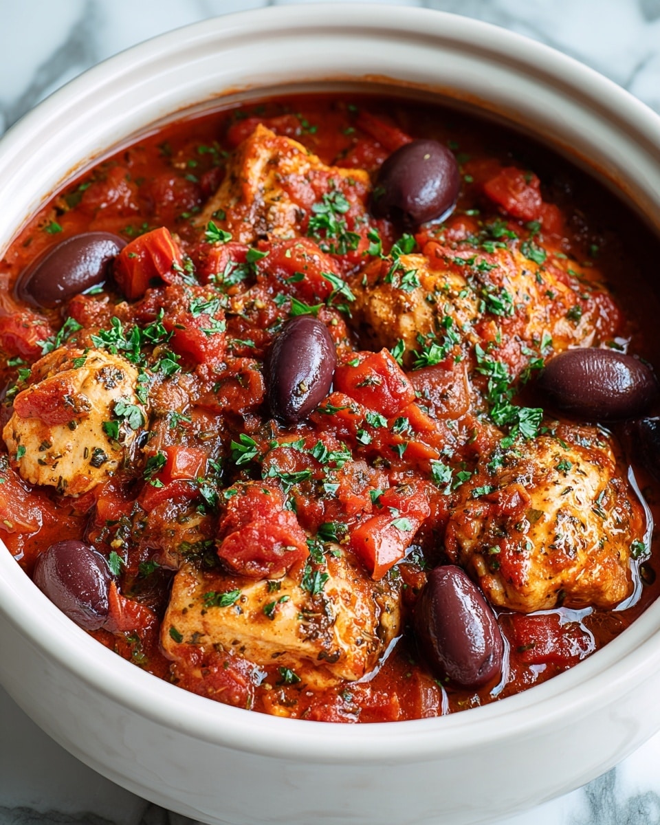 The image shows a white slow cooker filled with a rich tomato stew. Inside, there are six pieces of golden-brown chicken thighs scattered evenly, partially covered with a chunky tomato sauce that has pieces of red tomatoes and small bits of green herbs sprinkled on top. Dark purple olives are spread around and on top of the chicken, adding contrast to the red sauce. The slow cooker sits on a white marbled surface with a soft cloth beside it. photo taken with an iphone --ar 4:5 --v 7