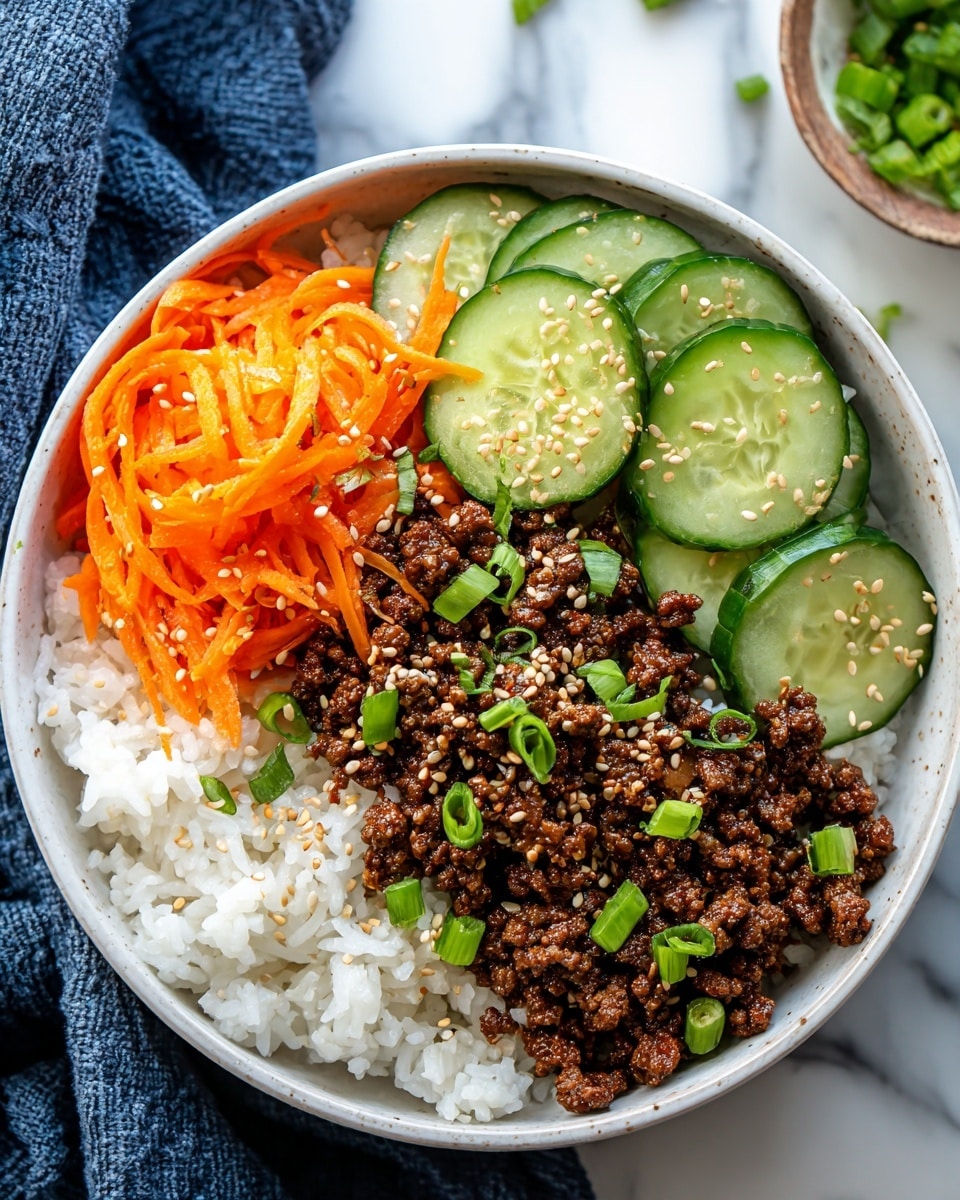 A white bowl filled with four distinct layers arranged in sections: on the bottom right is a layer of fluffy white rice sprinkled lightly with chopped green onions; next to it, on the top right, there is a pile of shredded orange carrots topped with sesame seeds and bits of green onion; the central portion holds seasoned, brown minced meat garnished with green onion slices and sesame seeds; on the left side, there are thin, round cucumber slices sprinkled with sesame seeds, all set on a white marbled surface with a blue cloth partially visible underneath. photo taken with an iphone --ar 4:5 --v 7