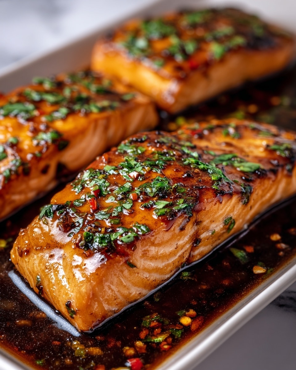 The image shows three pieces of cooked salmon fillets placed closely together on a white plate with a shiny dark brown sauce. Each piece of salmon has a rich, glossy orange-gold color with a slightly crispy texture on the top surface. Darker grill marks and a sprinkling of finely chopped green herbs add extra texture and color contrast on top. The sauce beneath the salmon is thick and dark with visible bits of herbs and small red chili flakes, spreading across the base of the plate. The background has a white marbled texture. photo taken with an iphone --ar 4:5 --v 7