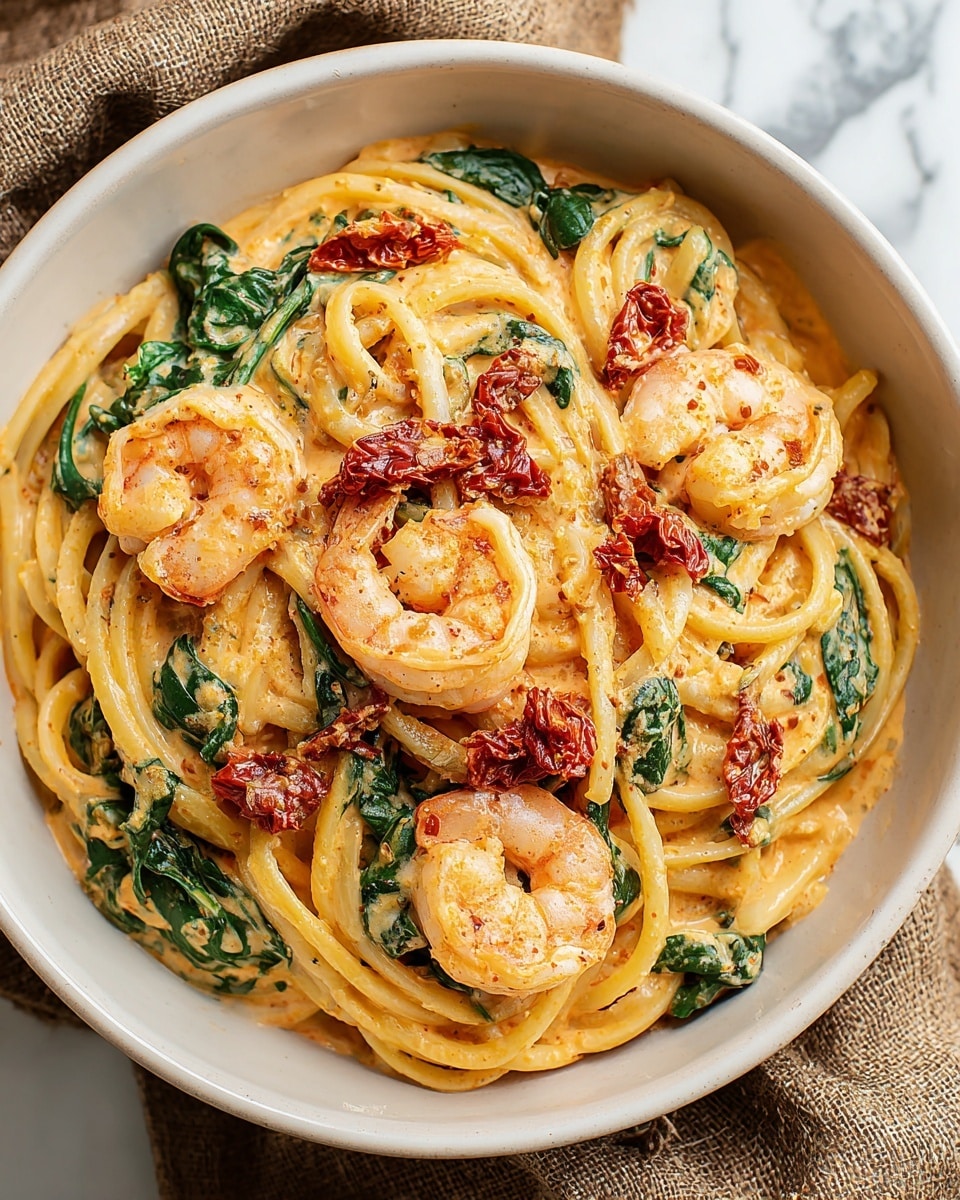 A bowl of creamy shrimp pasta with thick spaghetti layered with a light orange creamy sauce, mixed with vibrant green spinach leaves scattered throughout. On top, several pink shrimp curl, showing a firm texture, and bright red sun-dried tomatoes add bursts of color. The dish is arranged in a round white bowl, all set on a white marbled surface with a rough brown cloth underneath. photo taken with an iphone --ar 4:5 --v 7
