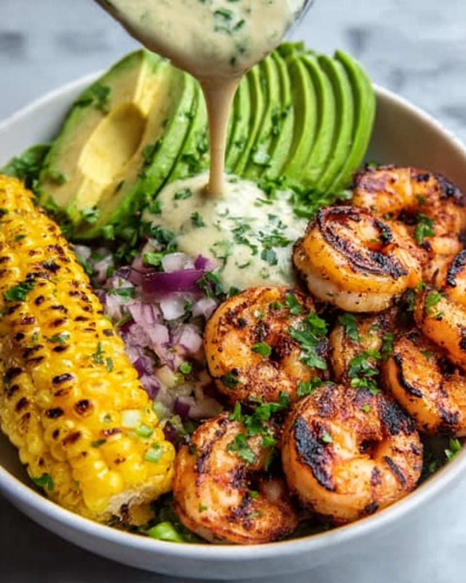 The image shows a white bowl filled with grilled shrimp that are golden and slightly charred, arranged mostly on the right side of the bowl. To the left of the shrimp, there is a portion of bright yellow grilled corn with some black grill marks. Above the shrimp and corn, there are three slices of fresh green avocado fanned out. Sprinkled over the shrimp and avocado are small bits of chopped green herbs and pieces of purple onion. A creamy sauce with green herbs is being poured onto the shrimp from above by a woman's hand. The bowl sits on a white marbled surface. photo taken with an iphone --ar 4:5 --v 7