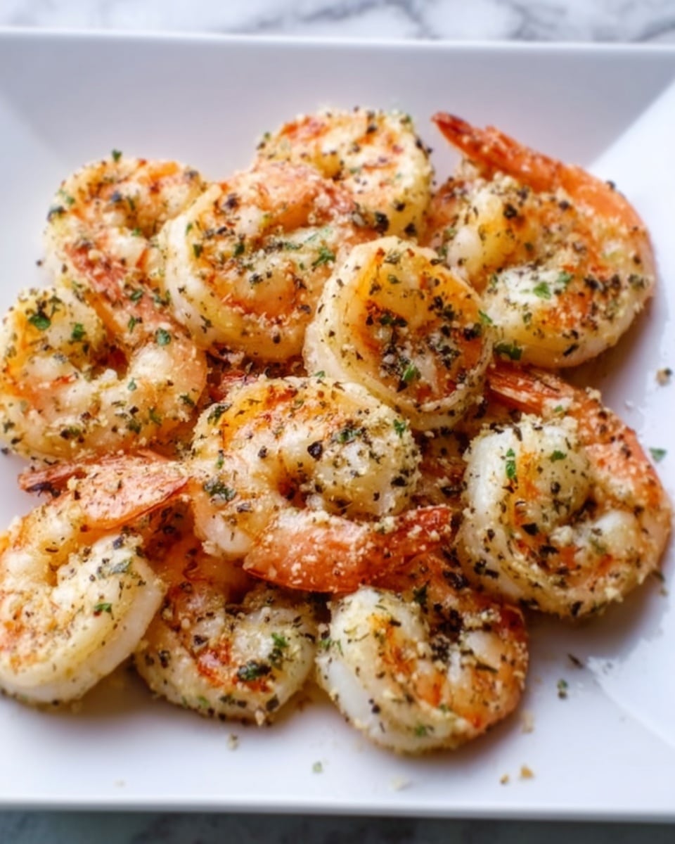 A white square plate holds a single layer of cooked shrimp arranged close together, each shrimp is pink with light grill marks and sprinkled with herbs and black pepper, showing a slightly rough texture on the surface. The shrimp’s curled shape creates small round spaces between them, and the herbs add small green flecks throughout. The background is a white marbled surface. photo taken with an iphone --ar 4:5 --v 7