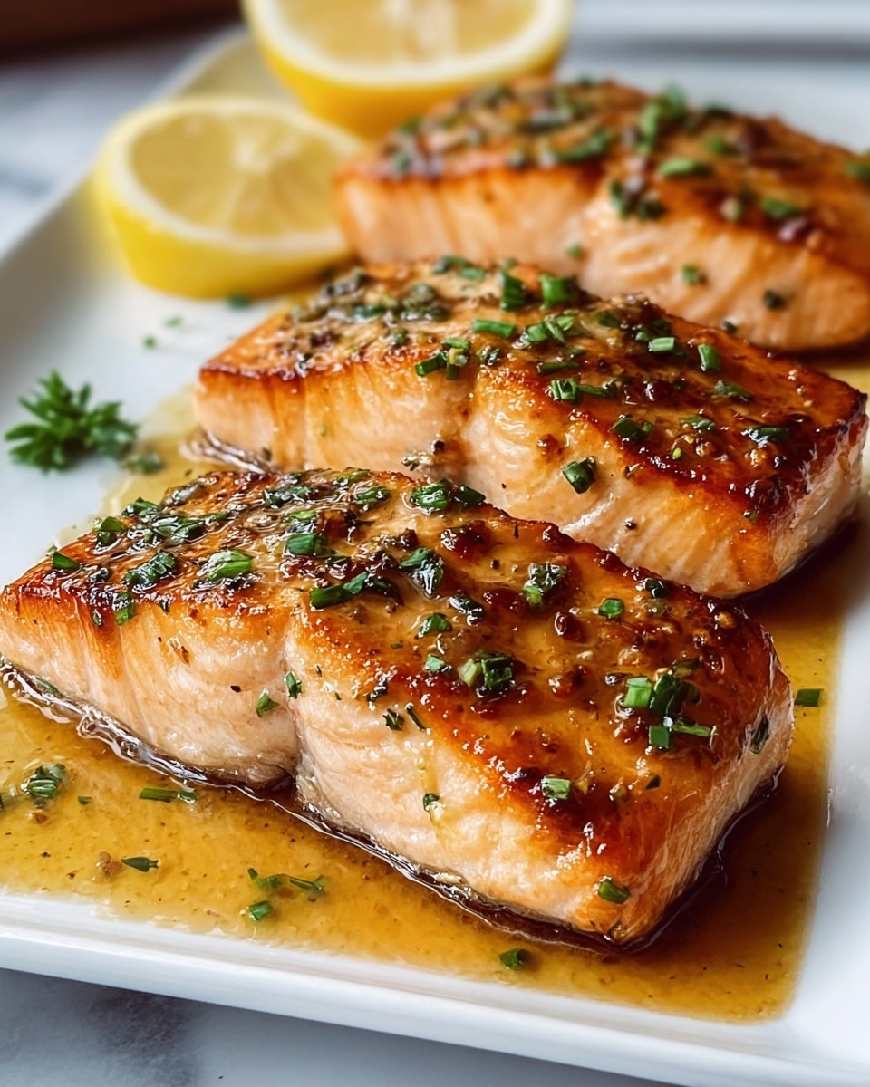 The image shows three pieces of cooked salmon fillets on a white rectangular plate. Each salmon piece has a golden-brown seared top with a slightly crispy texture, sprinkled with small bits of chopped green herbs. The salmon's sides reveal the light pink, tender flesh with natural fish lines. The plate also has a shiny layer of sauce or glaze that pools around the fish, giving a glossy feel. In the background, two lemon halves are placed on the plate, adding a fresh yellow color contrast. The overall setting is on a white marbled surface, enhancing the bright and fresh look. Photo taken with an iphone --ar 4:5 --v 7