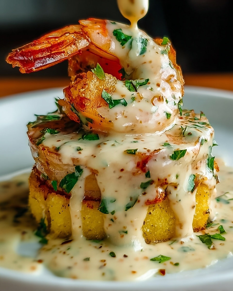 A stack of food sits on a white plate with a white marbled surface underneath. The base layer is a round, golden yellow cake or polenta with a slightly crispy texture. It is covered with creamy white sauce speckled with herbs and spices. On top of the base is a large cooked shrimp with a pink-orange shell, also coated in the same creamy sauce. Fresh green herb pieces are scattered on the shrimp and around the plate, adding color. The sauce appears thick and rich, slowly dripping down the sides of the stack. Photo taken with an iphone --ar 4:5 --v 7