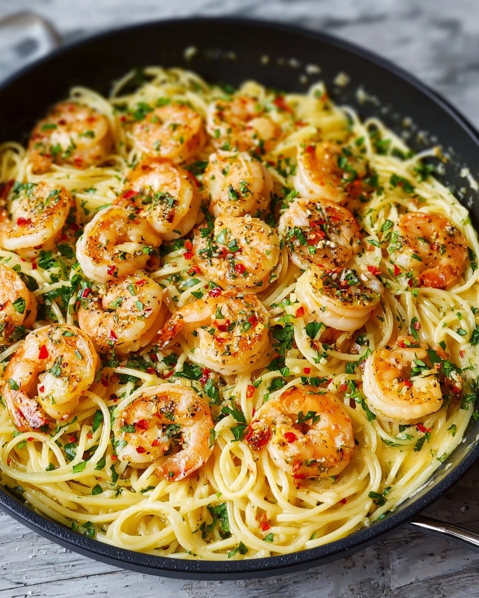 The image shows a black skillet filled with a creamy shrimp pasta dish. The bottom layer is thin spaghetti in a light yellow sauce, giving it a smooth and glossy texture. On top of the pasta, medium-sized shrimp are evenly placed; they are pinkish-orange with slight char marks and a juicy look. Green herbs and small red chili flakes are sprinkled over the shrimp and pasta, adding vibrant green and red colors to the dish. The skillet sits on a white marbled textured surface. photo taken with an iphone --ar 4:5 --v 7