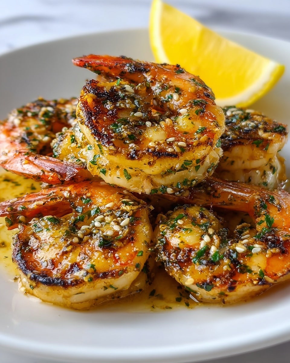 The image shows a close-up of five cooked shrimp arranged in a small pile on a white plate. The shrimp are golden brown with some darker char marks and are coated in a garlic herb sauce that includes visible parsley, small bits of garlic, and sesame seeds. Behind the shrimp, there is a bright yellow lemon wedge placed upright on the plate. The plate rests on a white marbled surface. The lighting highlights the juicy texture of the shrimp and the glistening sauce on them. Photo taken with an iphone --ar 4:5 --v 7